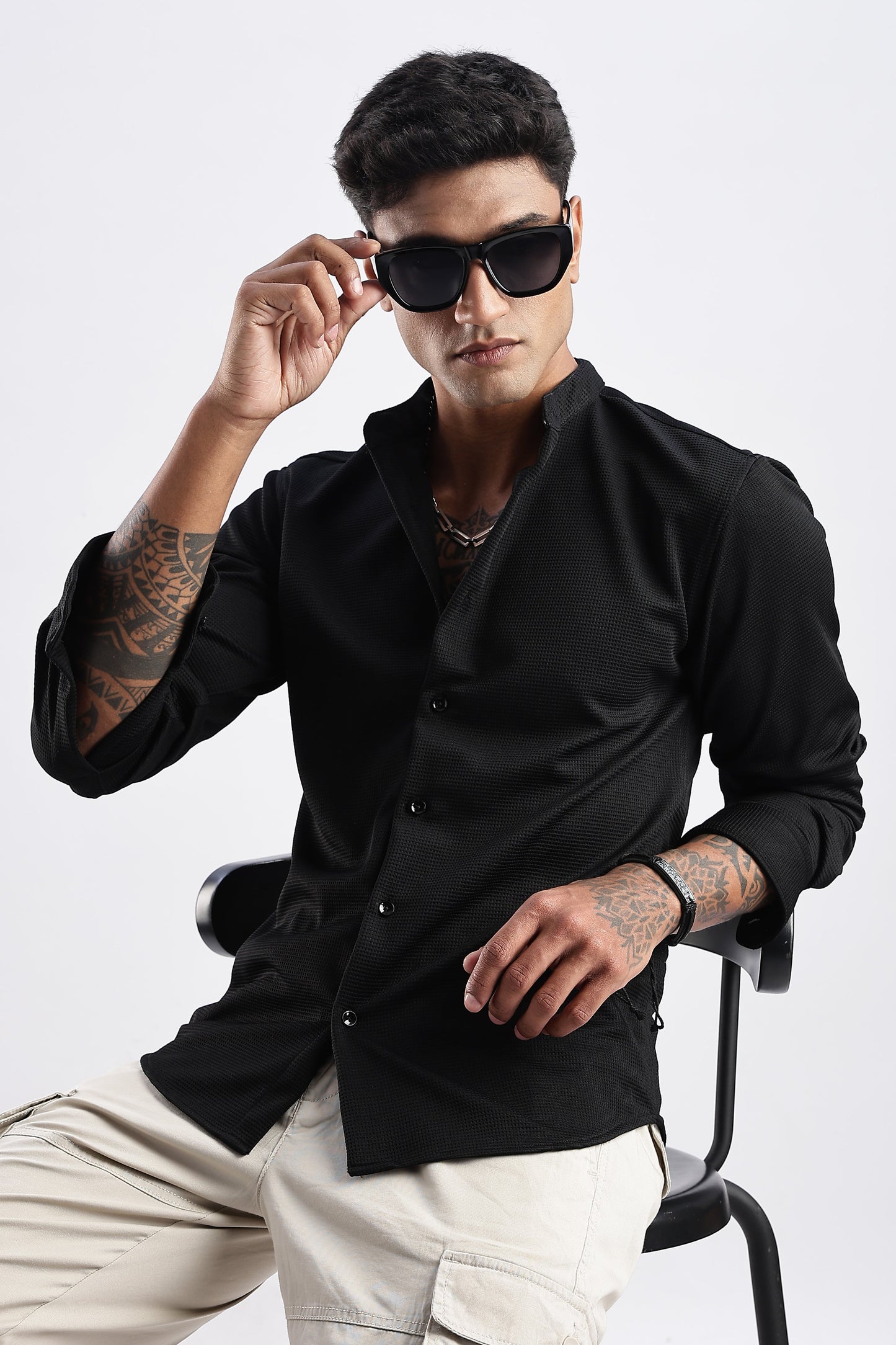 Men Waffle Dobby Shirts Mandarin Collar-Black