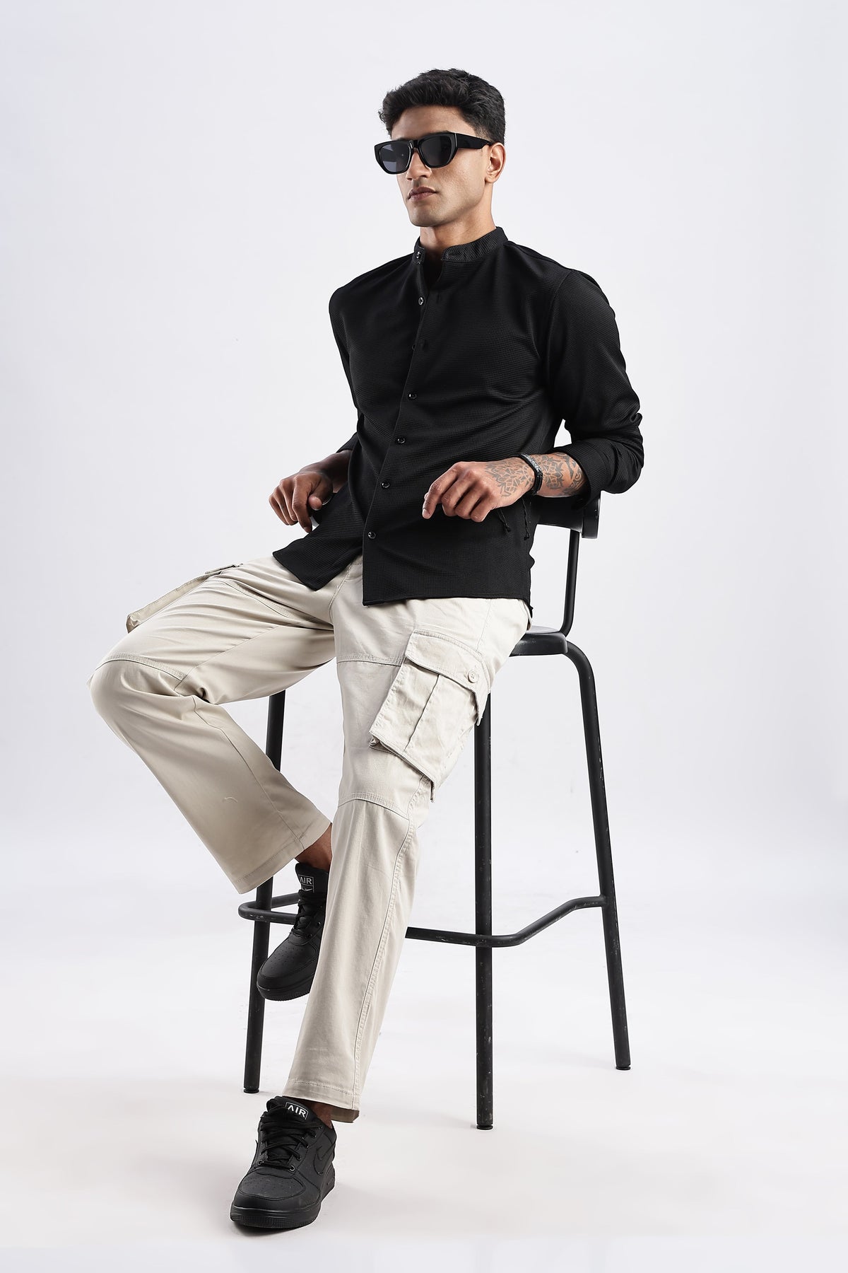 Men Waffle Dobby Shirts Mandarin Collar-Black