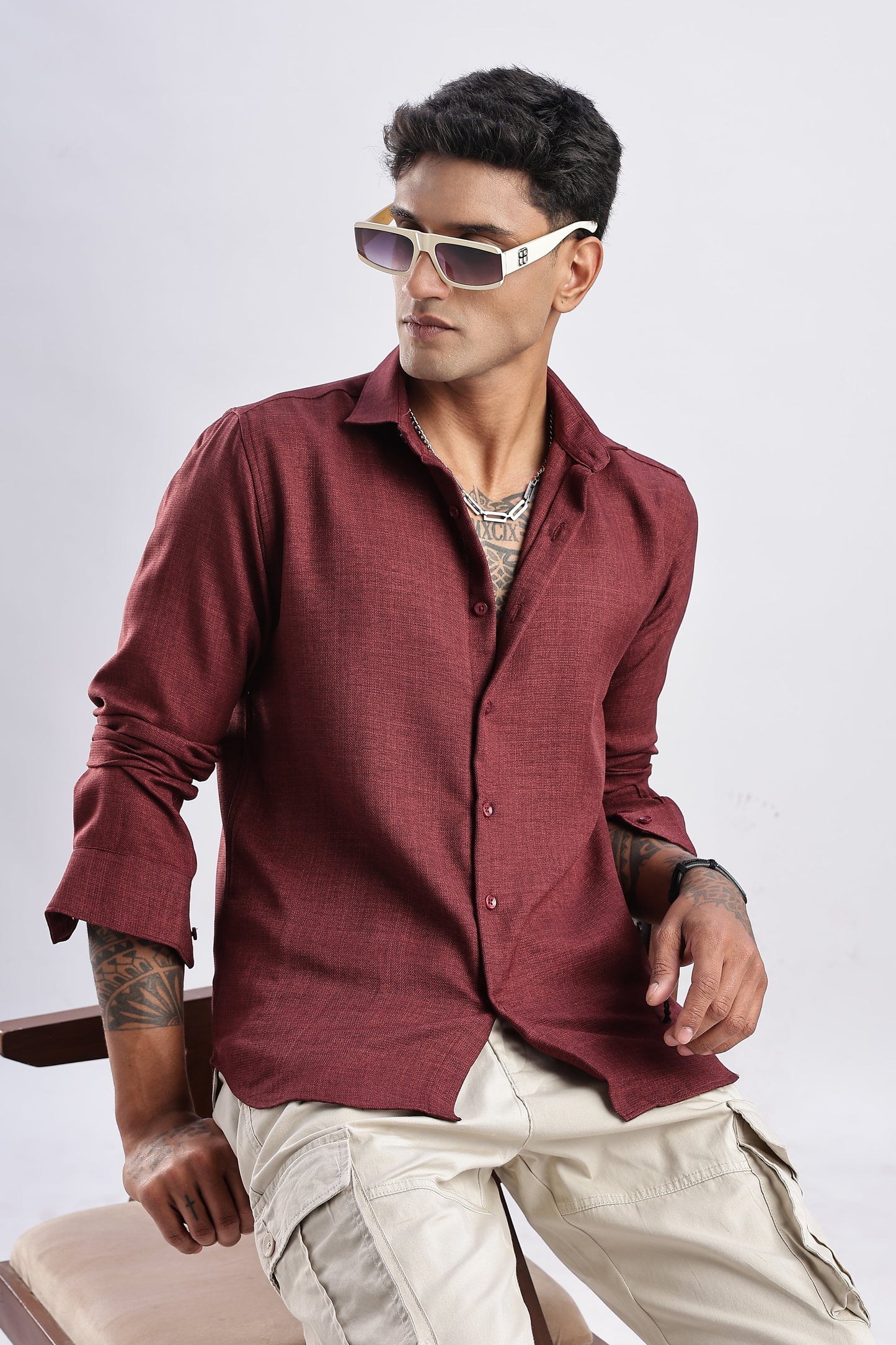 Men Milange Linen Look Shirts-Maroon