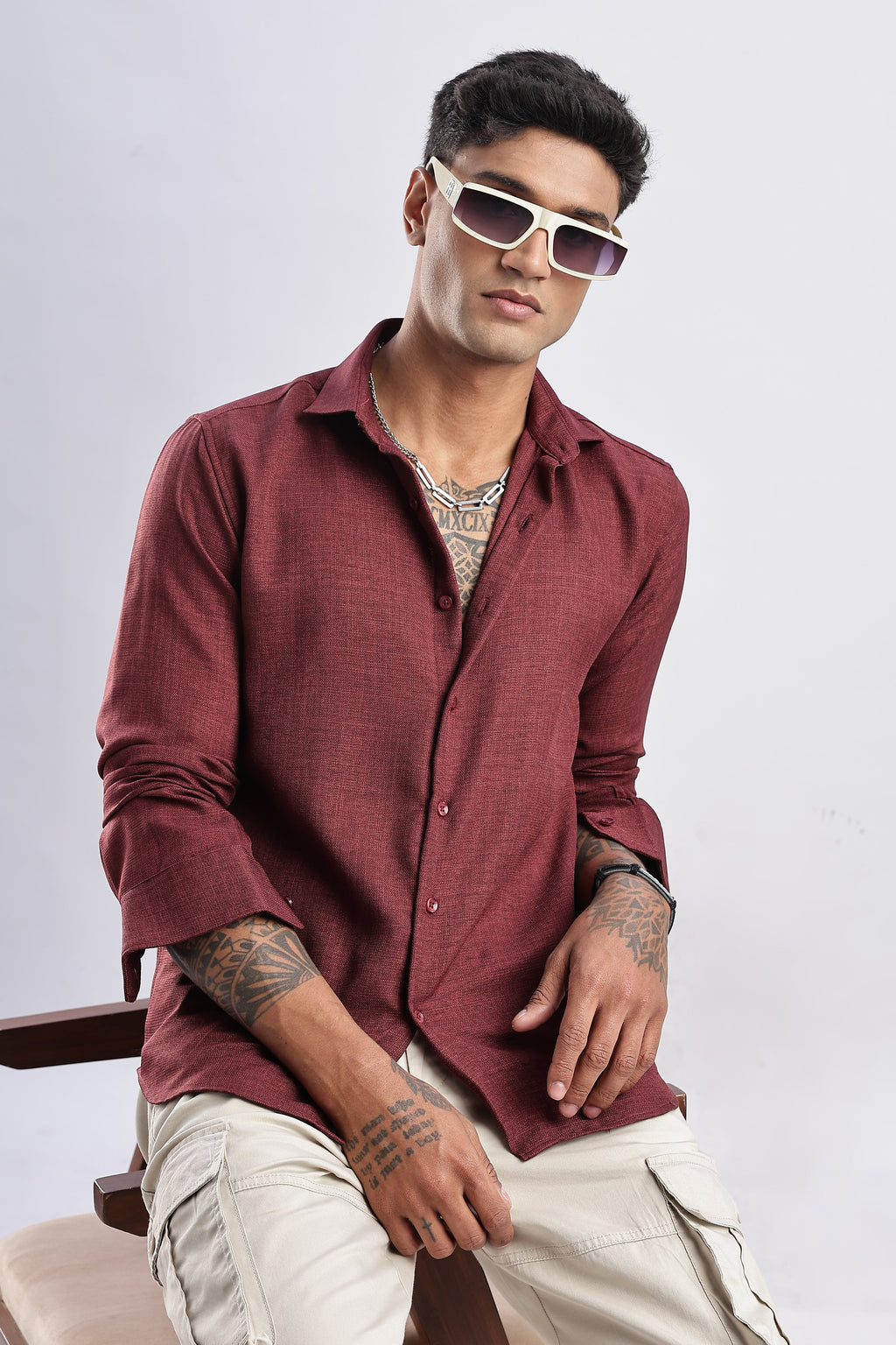 Men Milange Linen Look Shirts-Maroon