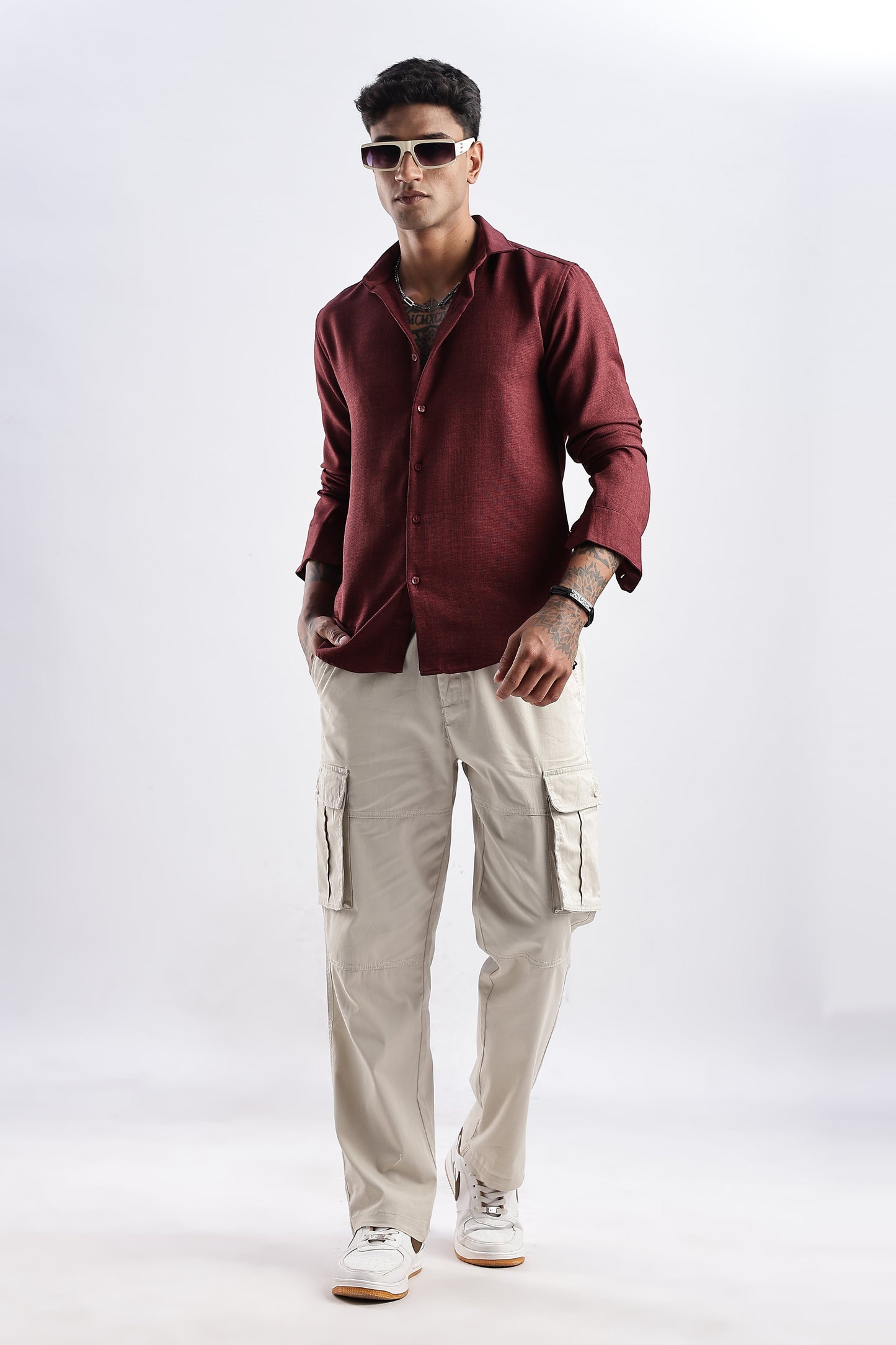 Men Milange Linen Look Shirts-Maroon