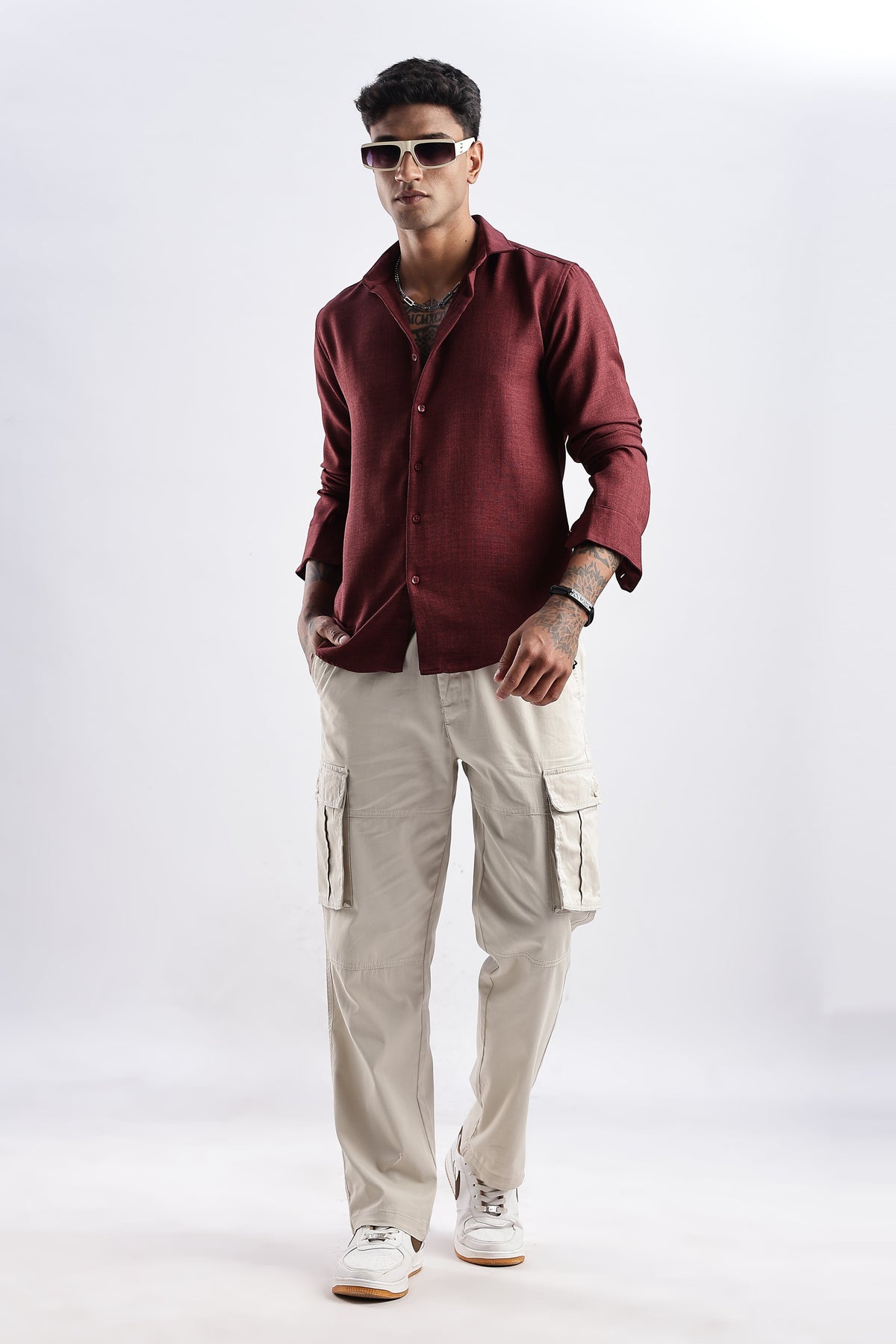 Men Milange Linen Look Shirts-Maroon