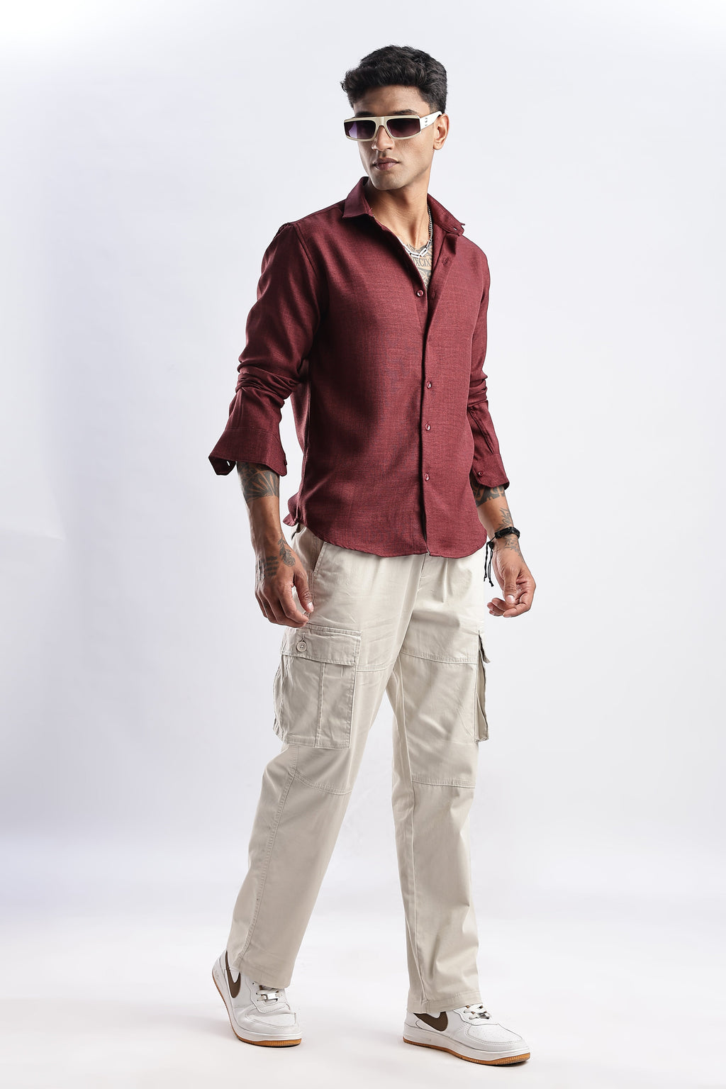 Men Milange Linen Look Shirts-Maroon