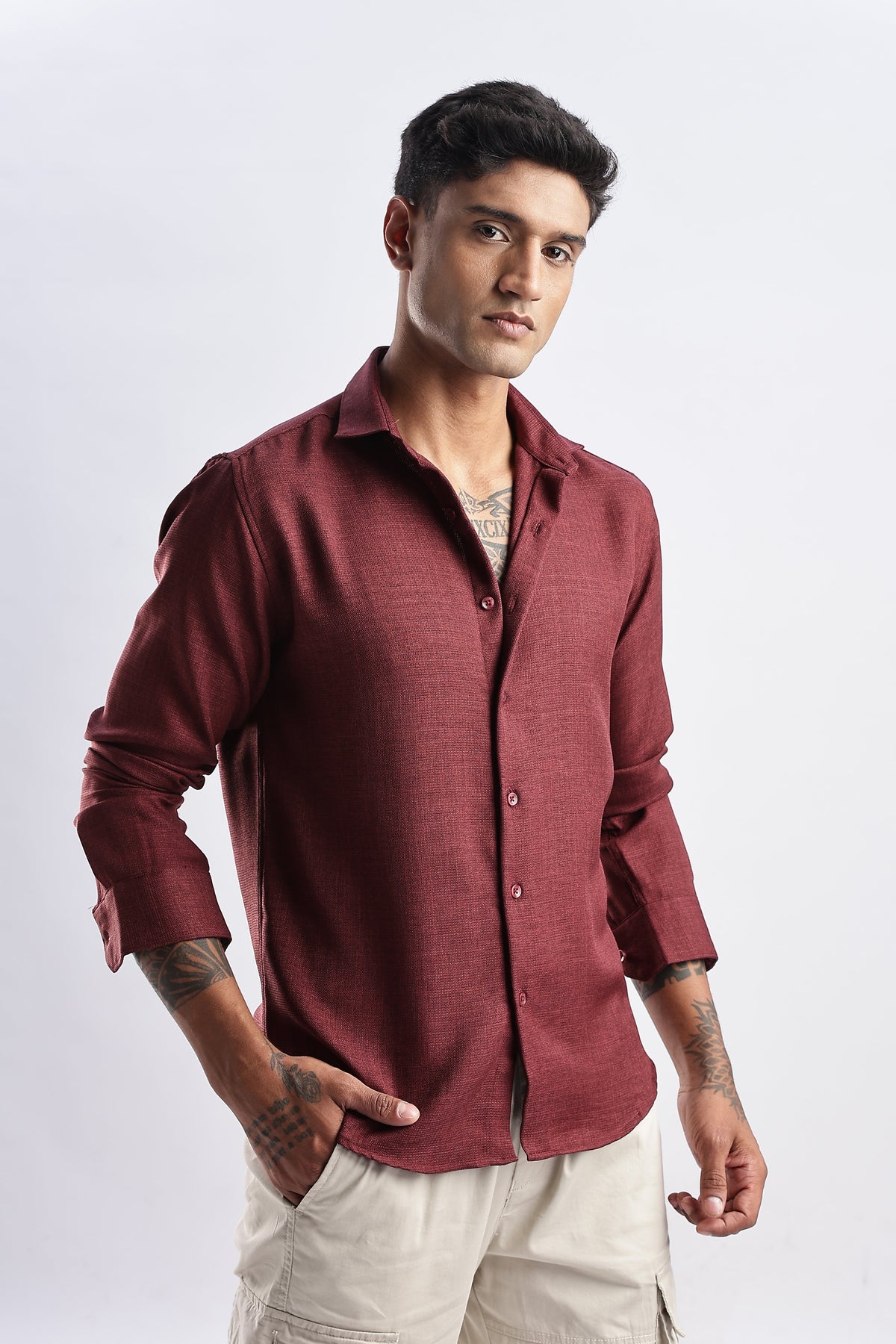 Men Milange Linen Look Shirts-Maroon