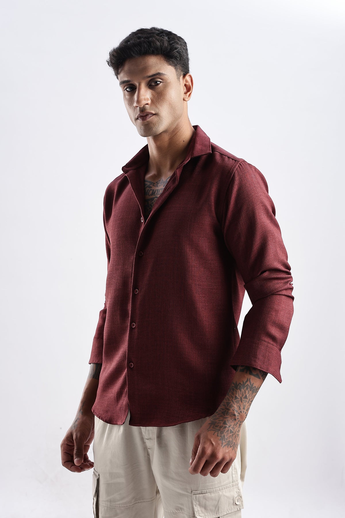 Men Milange Linen Look Shirts-Maroon