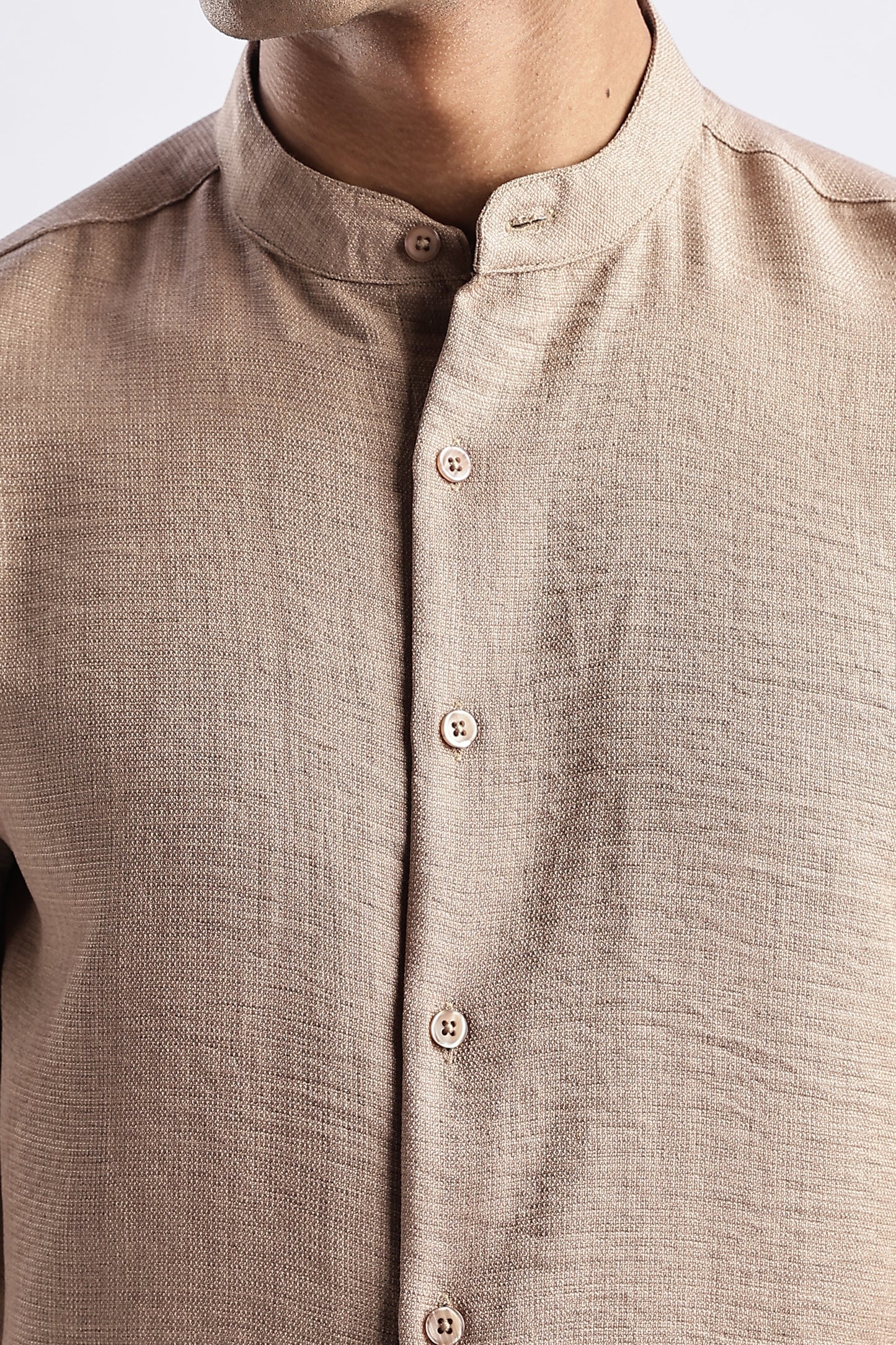 Men Milange Linen Look Shirts Mandarin Collar-Beige