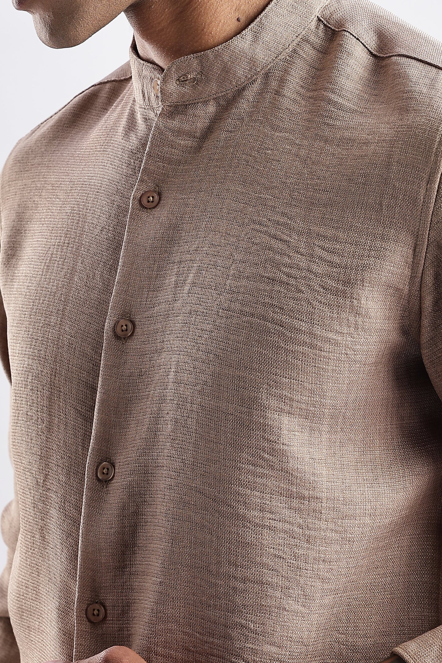 Men Milange Linen Look Shirts Mandarin Collar-Beige