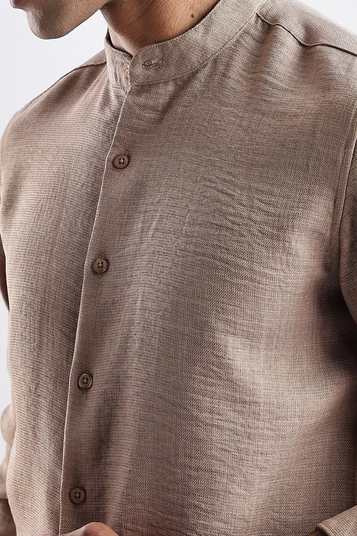 Men Milange Linen Look Shirts Mandarin Collar-Beige