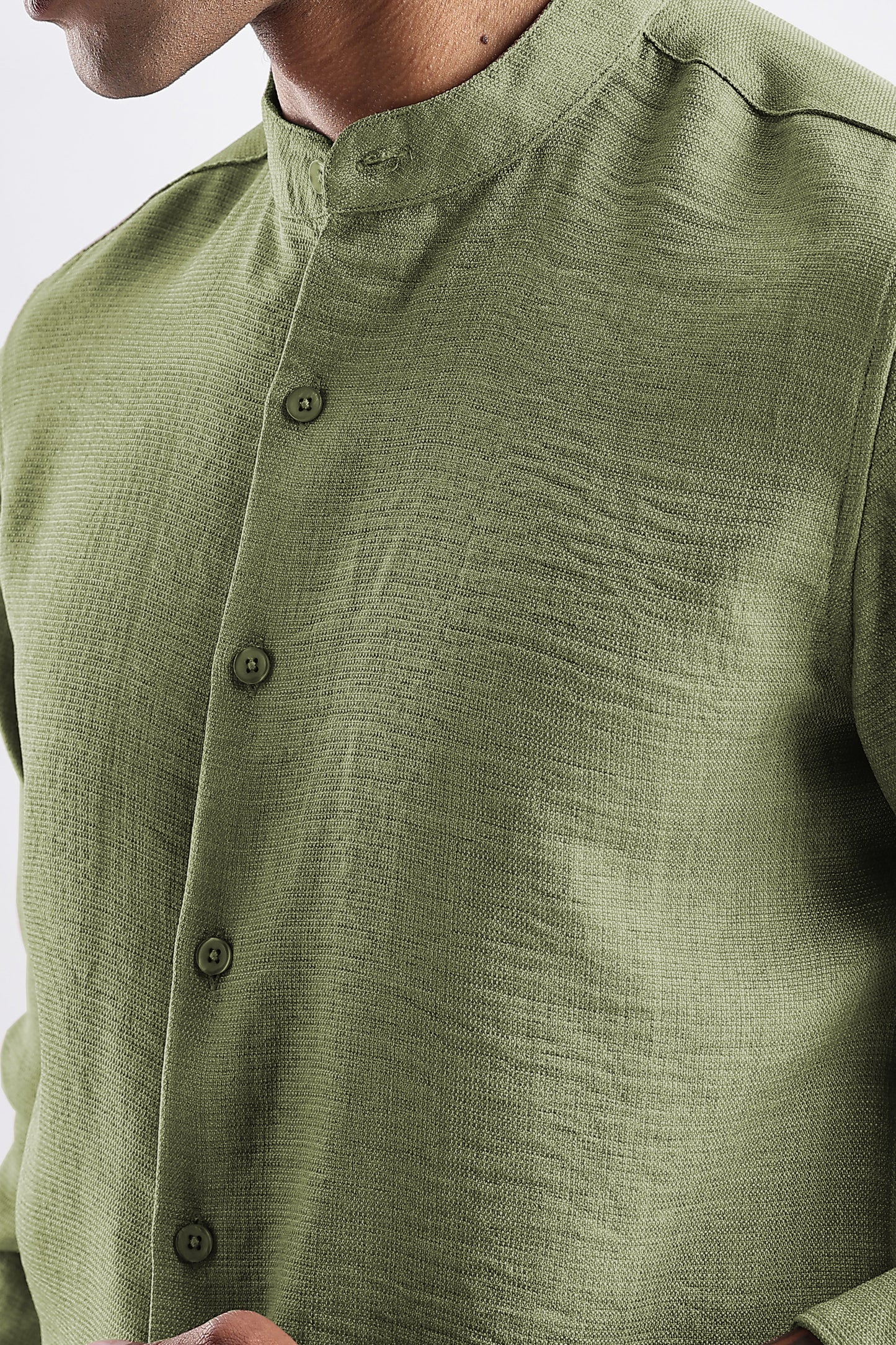 Men Milange Linen Look Shirts Mandarin Collar- Green