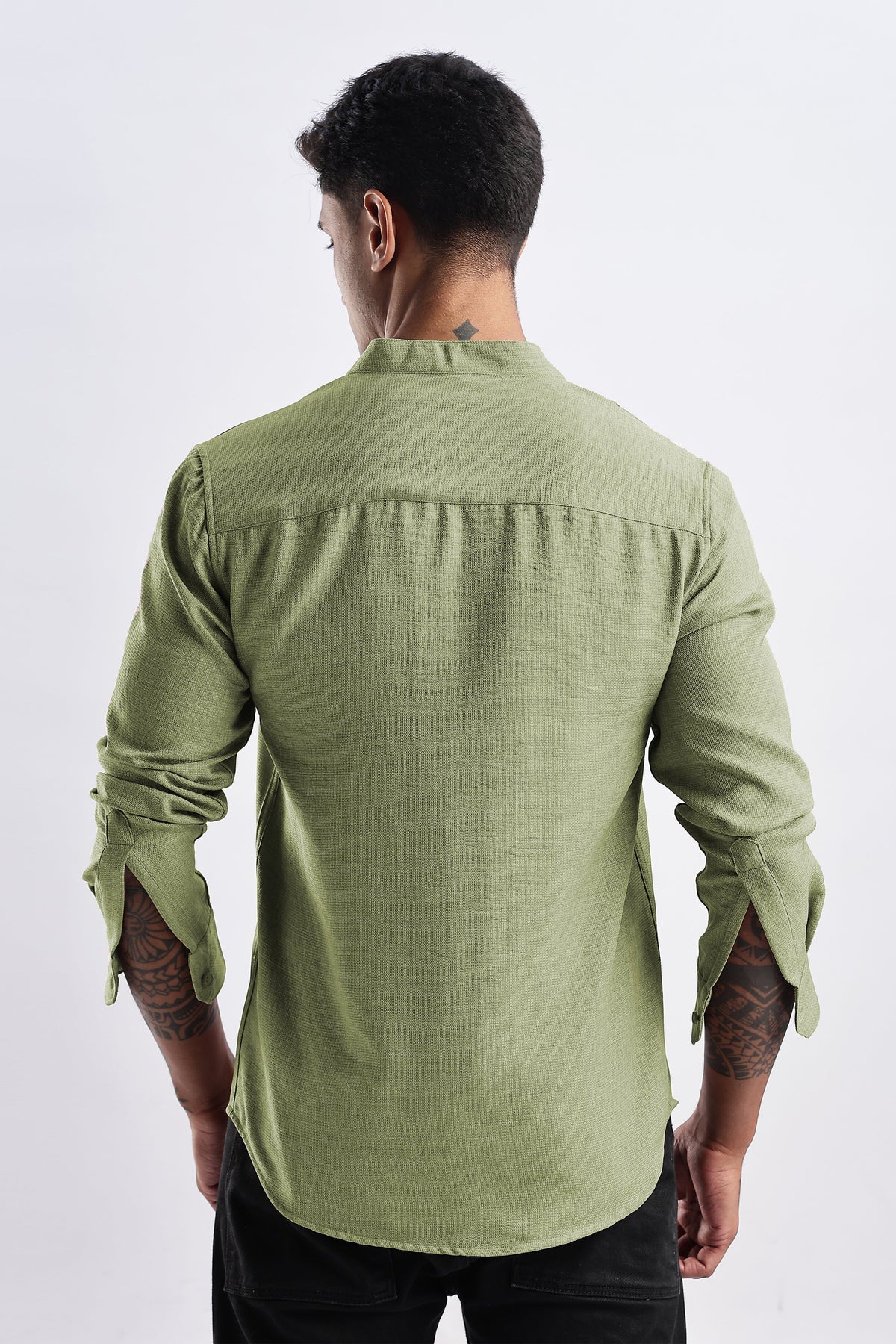 Men Milange Linen Look Shirts Mandarin Collar- Green