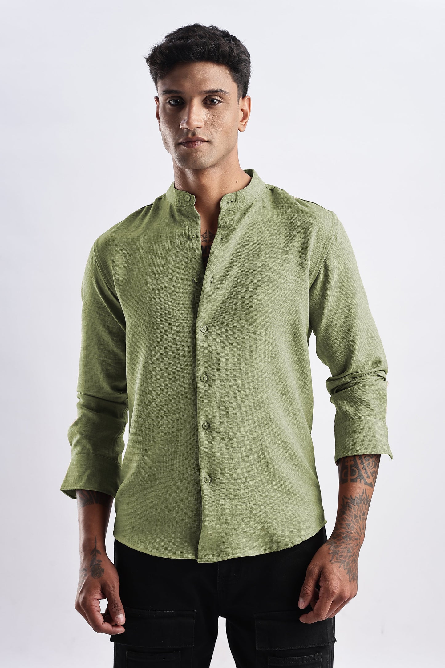 Men Milange Linen Look Shirts Mandarin Collar- Green