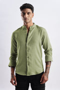 Men Milange Linen Look Shirts Mandarin Collar- Green