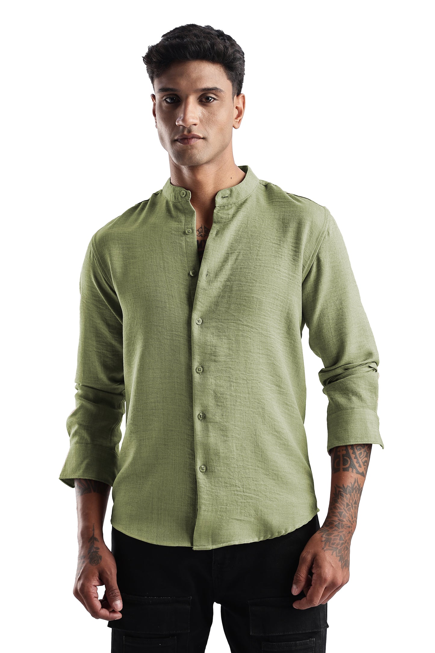 Men Milange Linen Look Shirts Mandarin Collar- Green