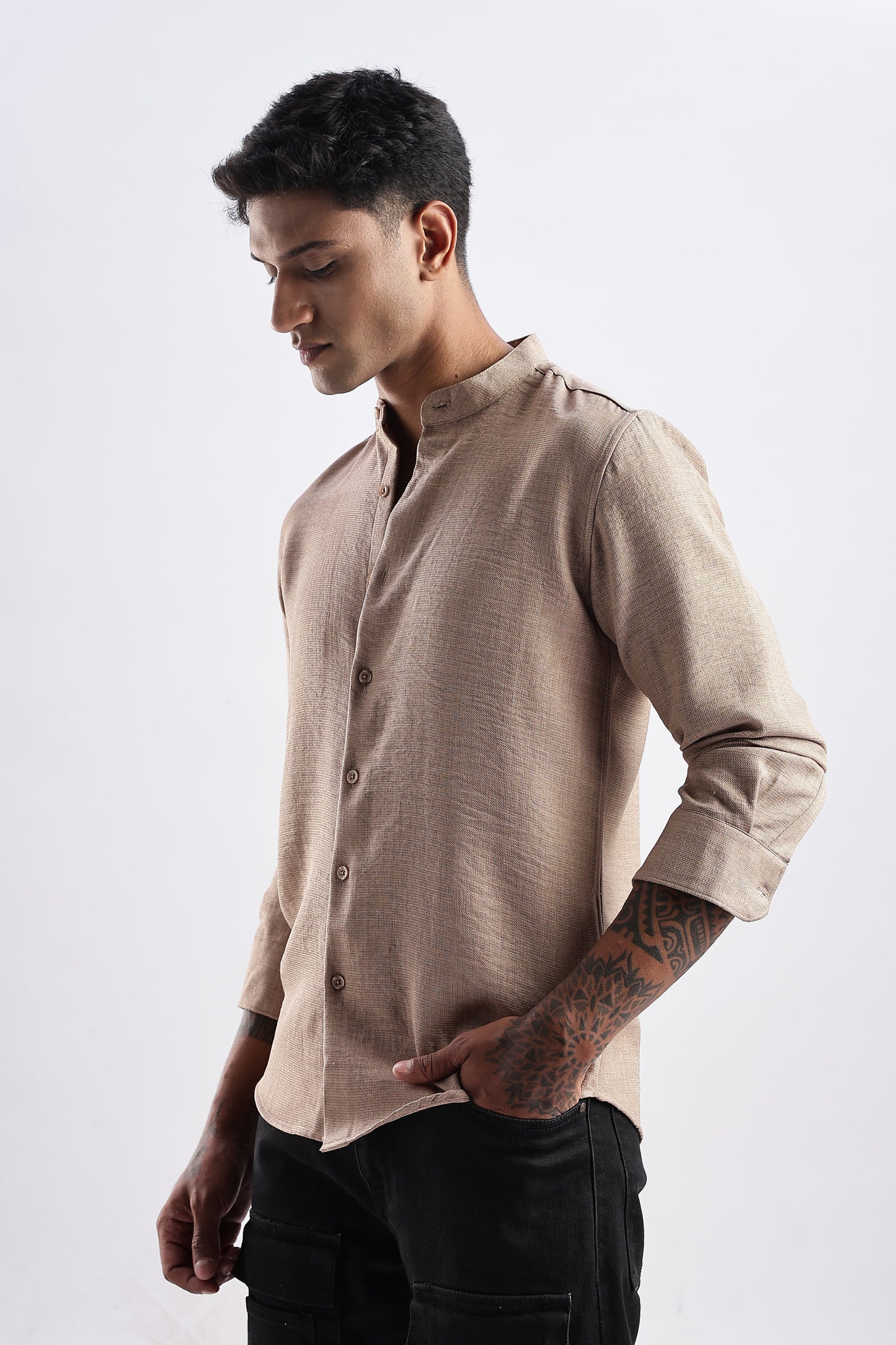 Men Milange Linen Look Shirts Mandarin Collar-Beige