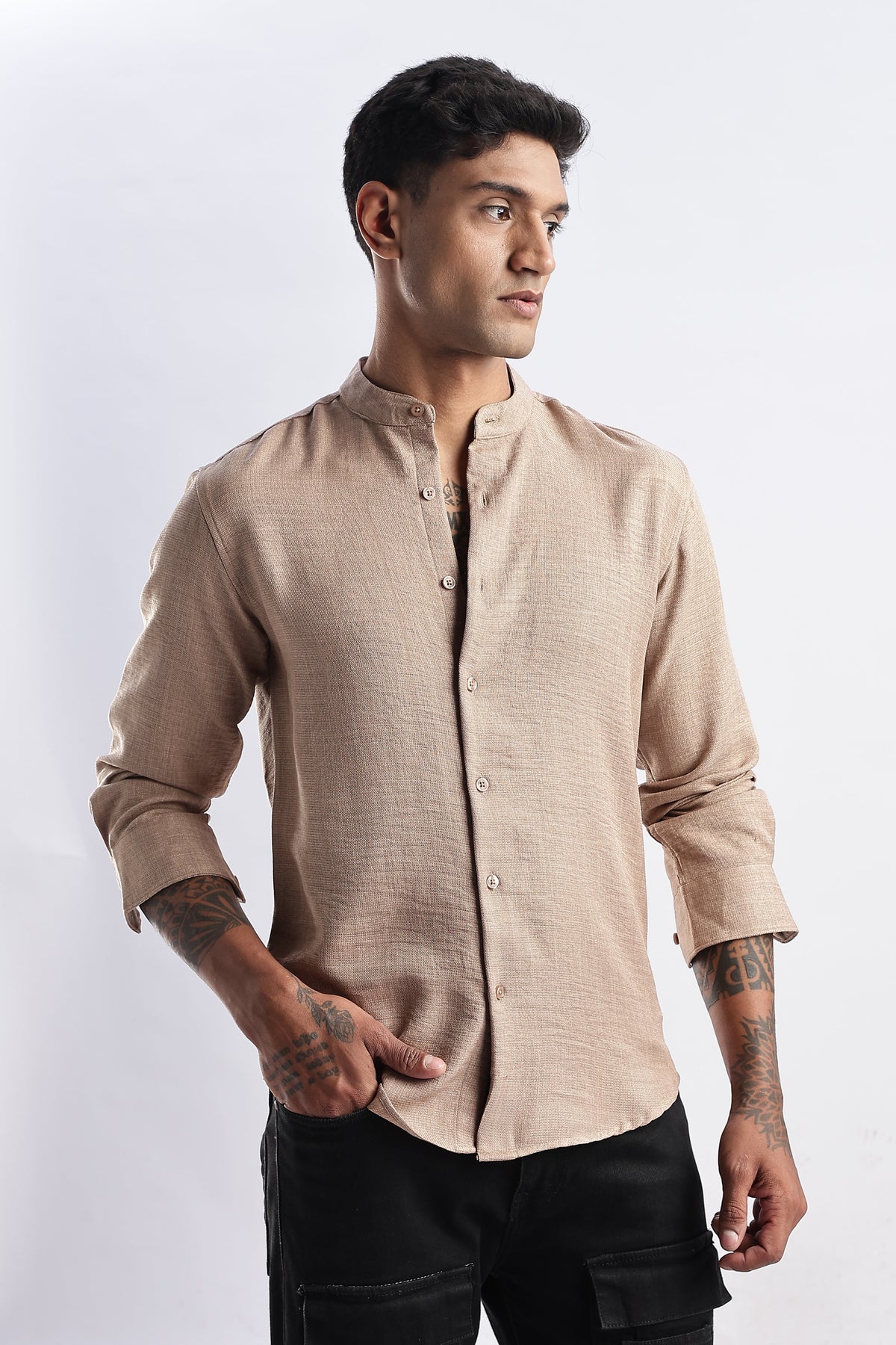 Men Milange Linen Look Shirts Mandarin Collar-Beige