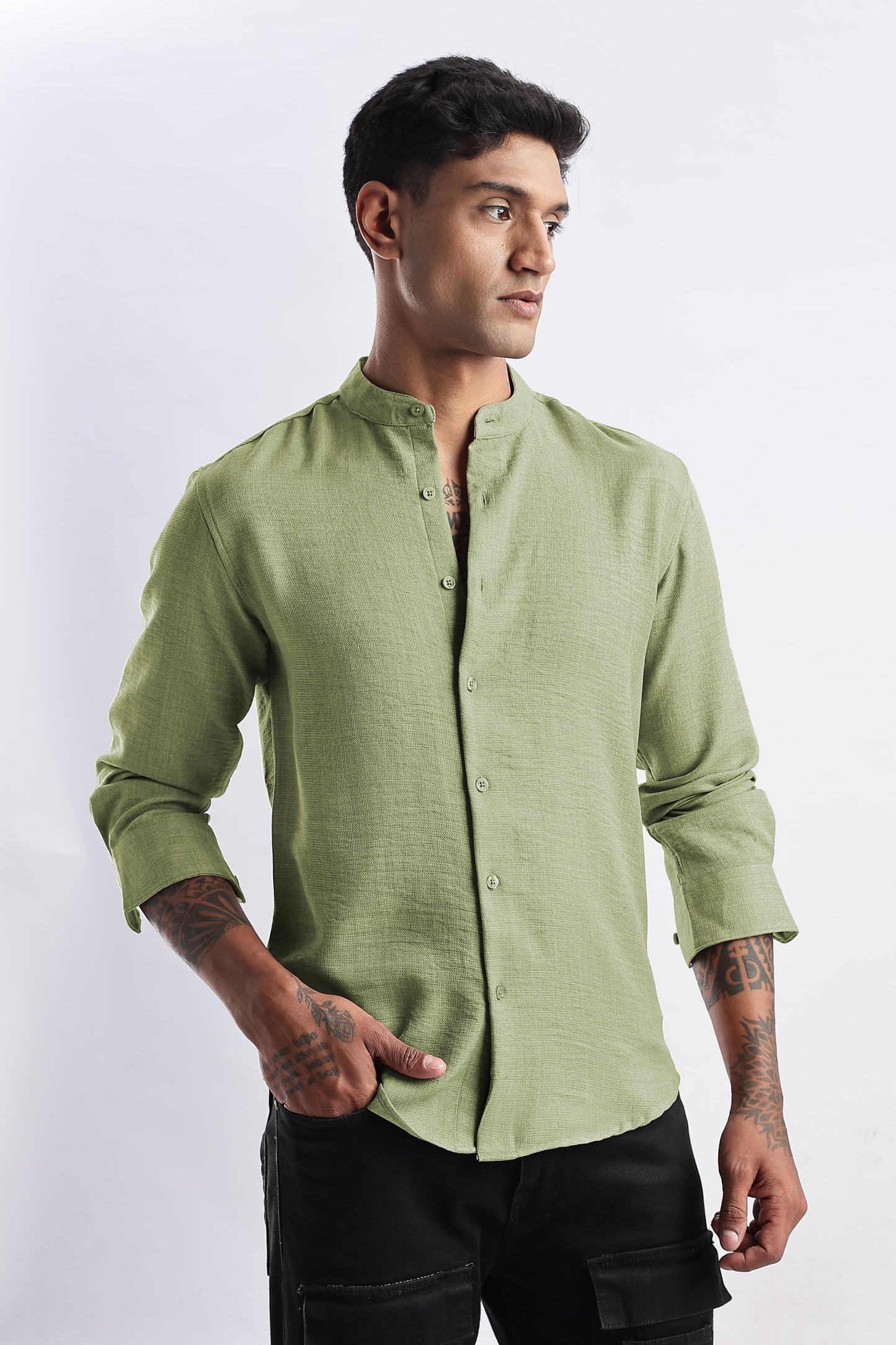 Men Milange Linen Look Shirts Mandarin Collar- Green