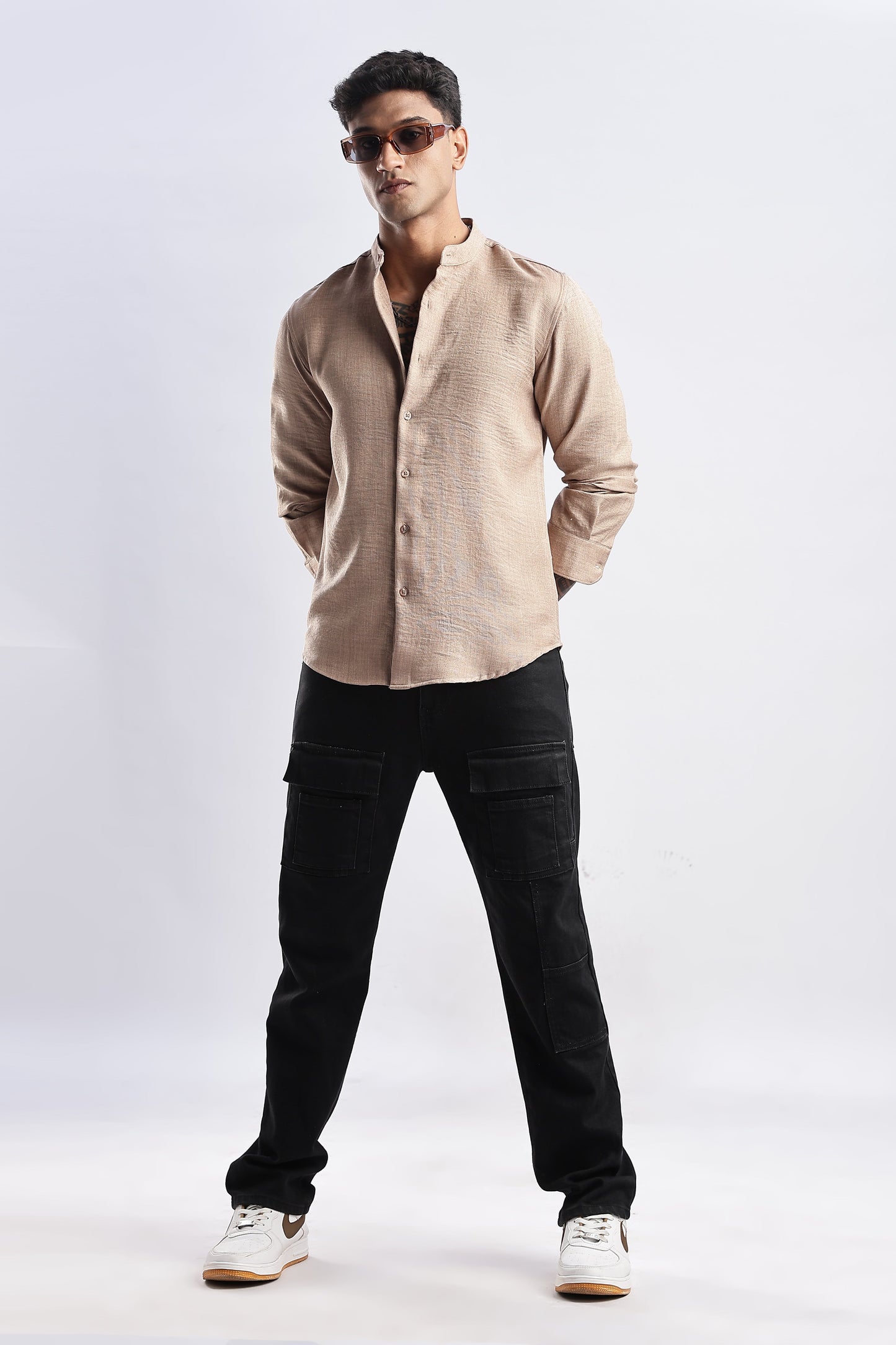 Men Milange Linen Look Shirts Mandarin Collar-Beige