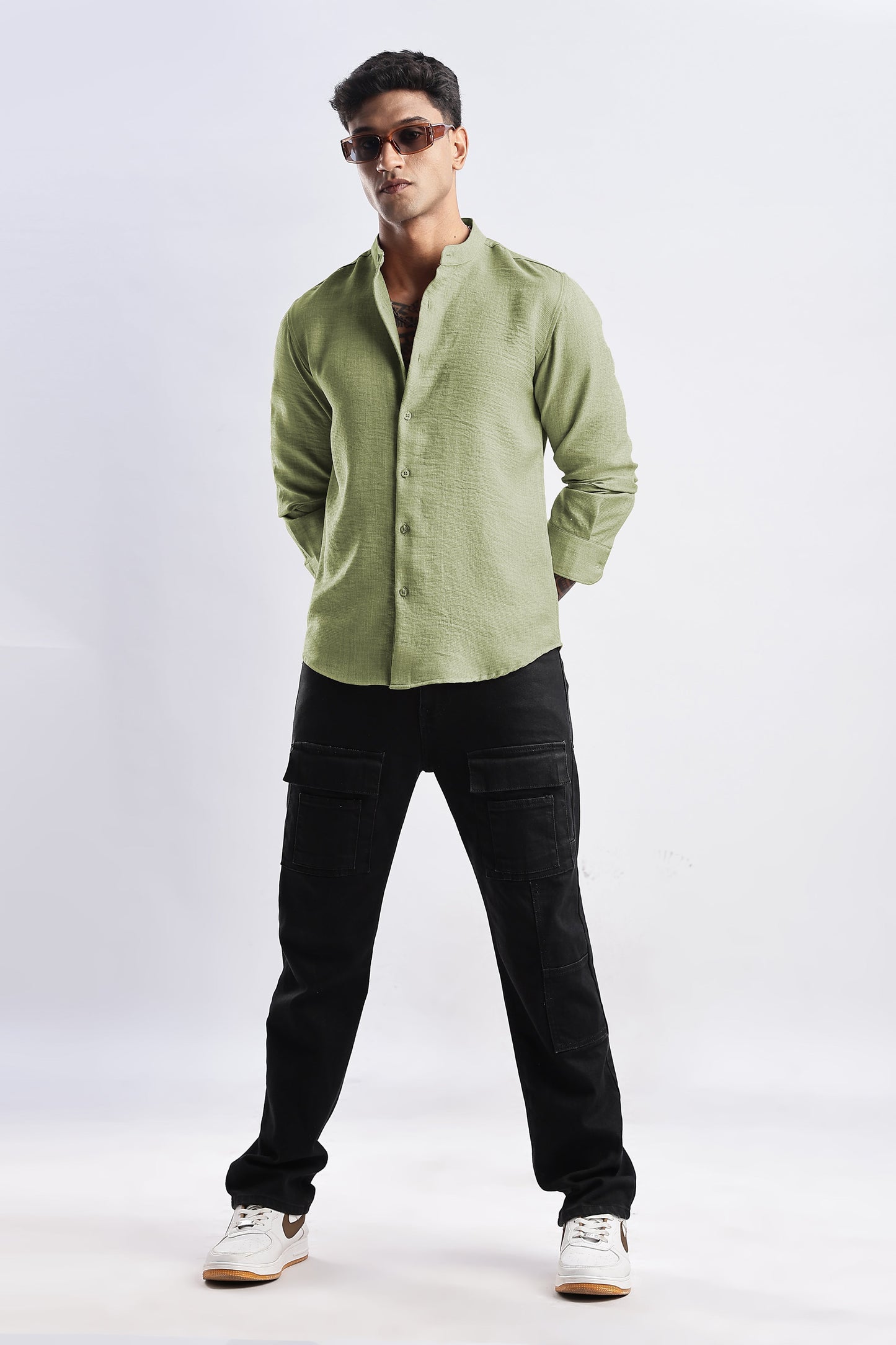 Men Milange Linen Look Shirts Mandarin Collar- Green