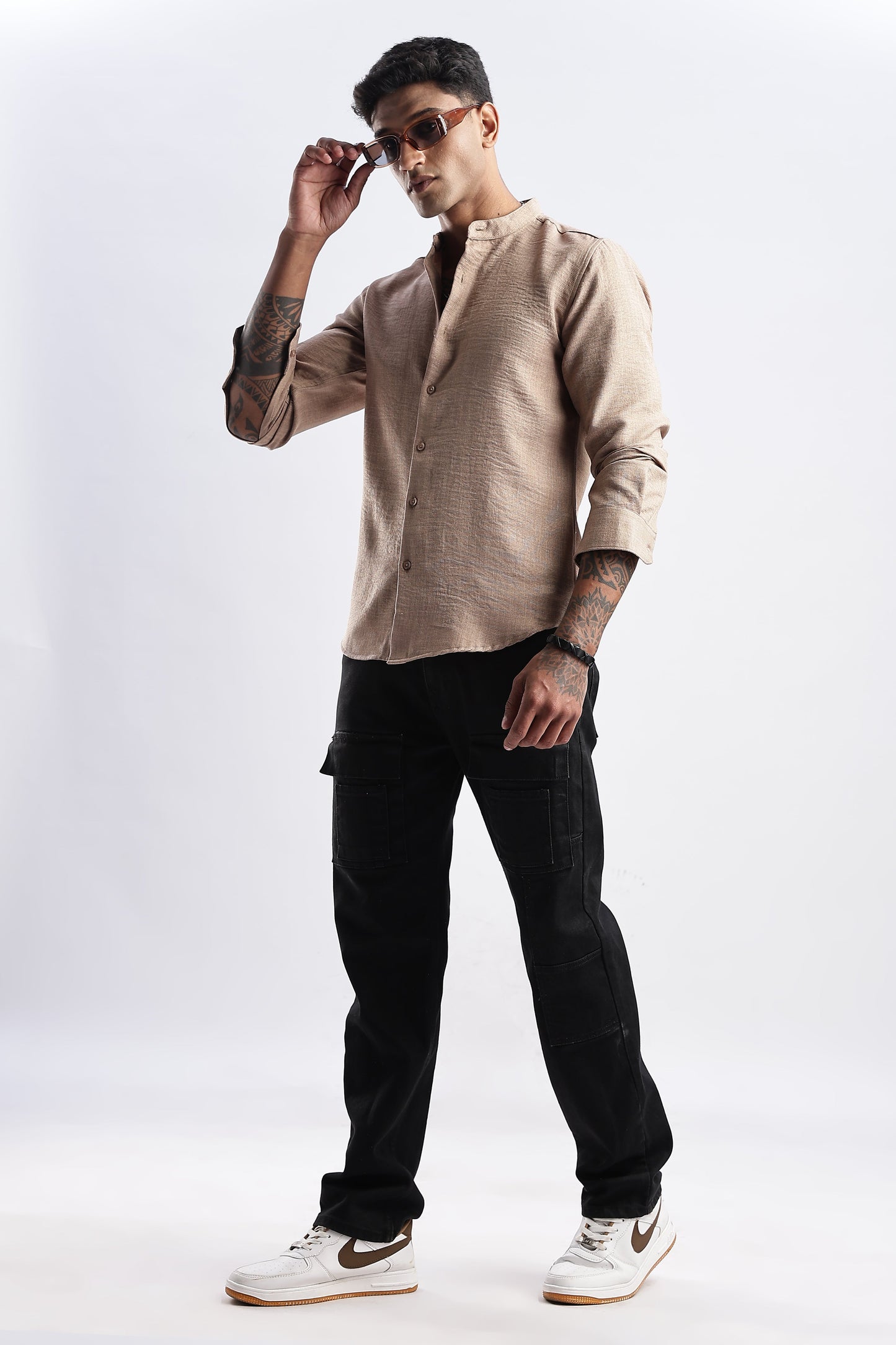 Men Milange Linen Look Shirts Mandarin Collar-Beige