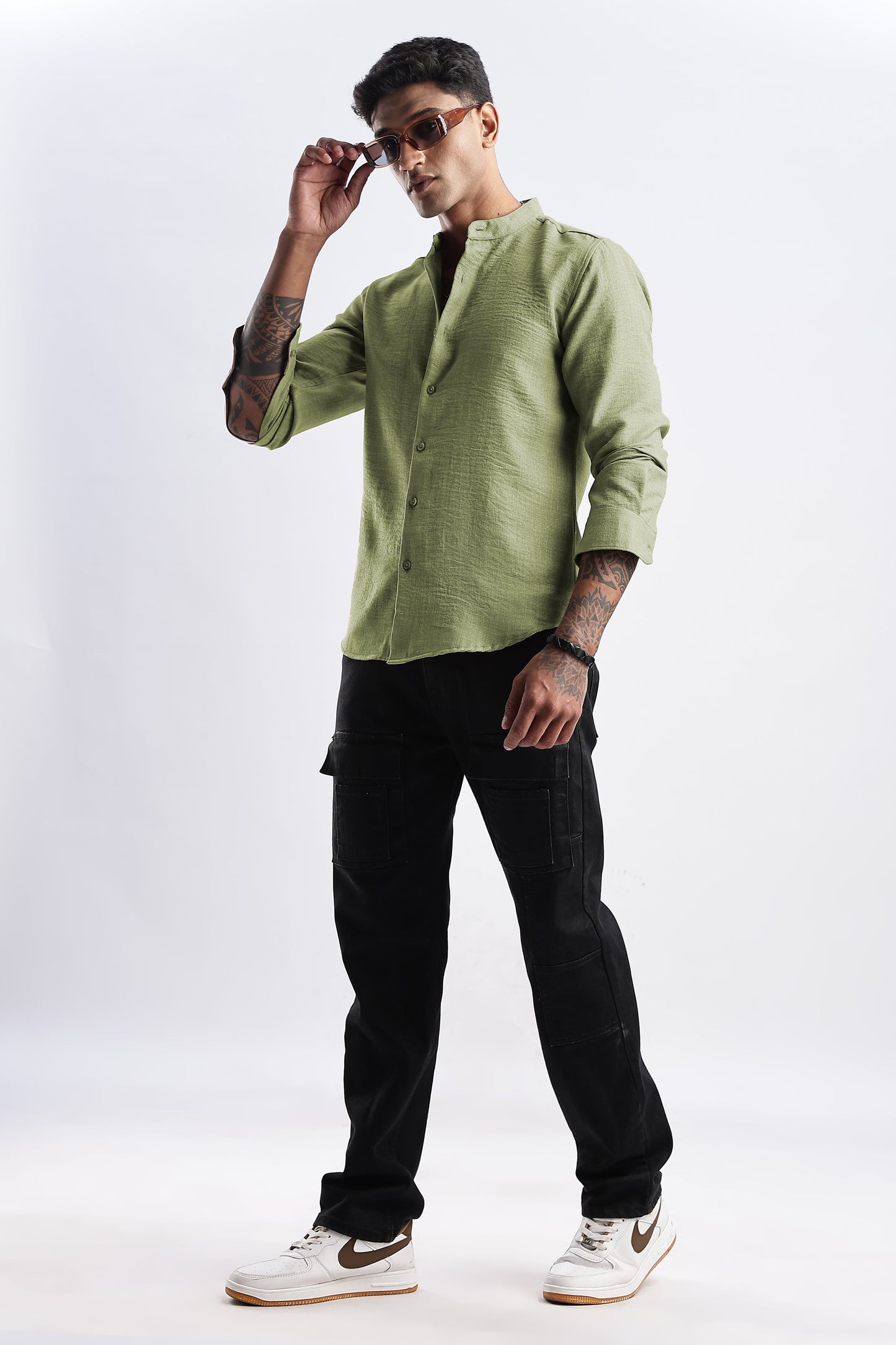 Men Milange Linen Look Shirts Mandarin Collar- Green