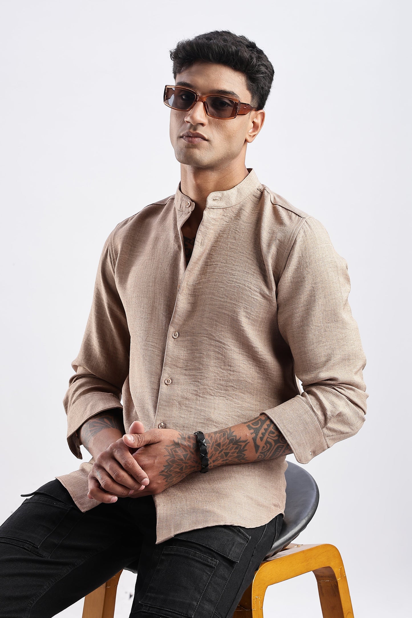 Men Milange Linen Look Shirts Mandarin Collar-Beige