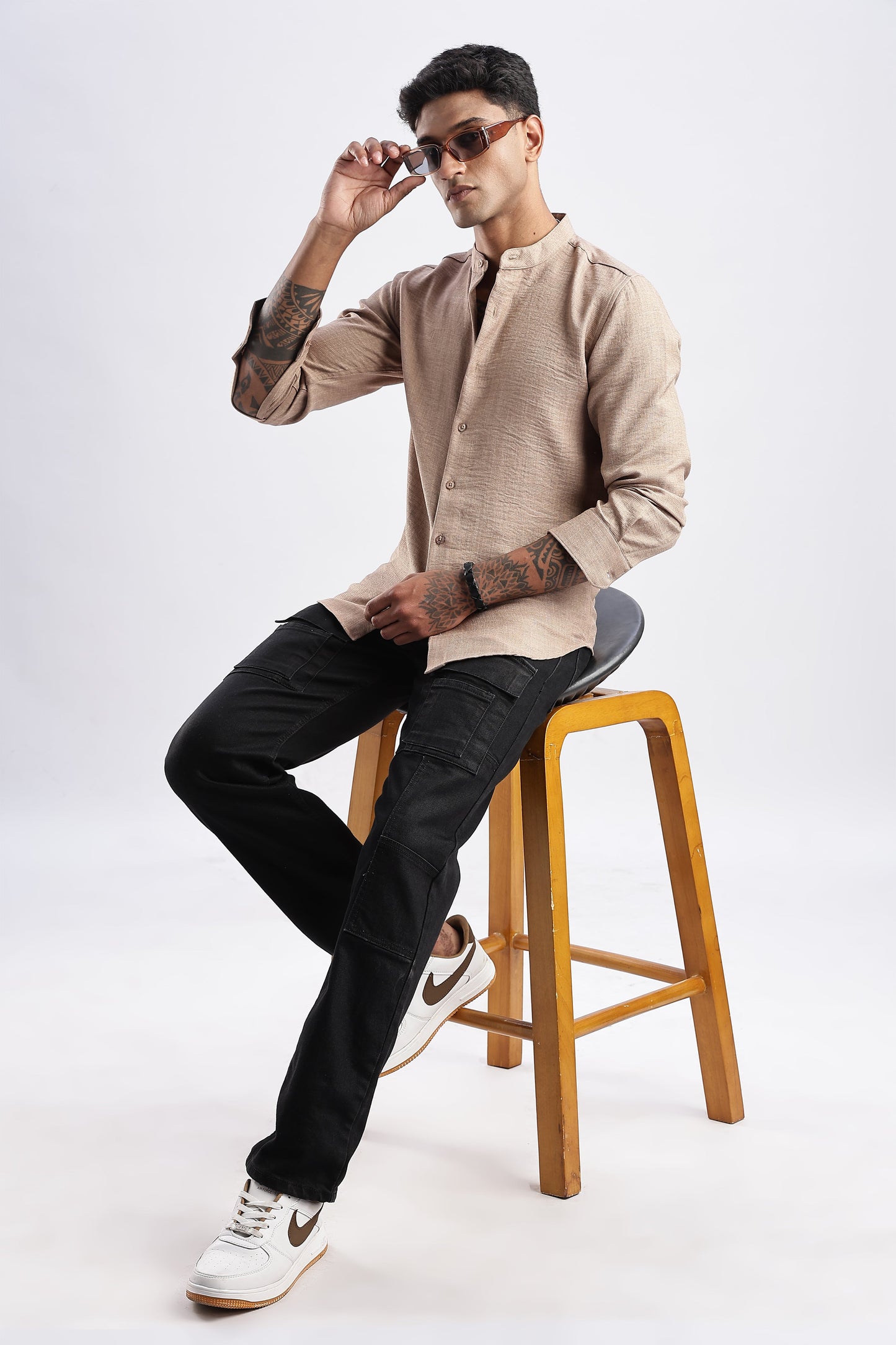 Men Milange Linen Look Shirts Mandarin Collar-Beige