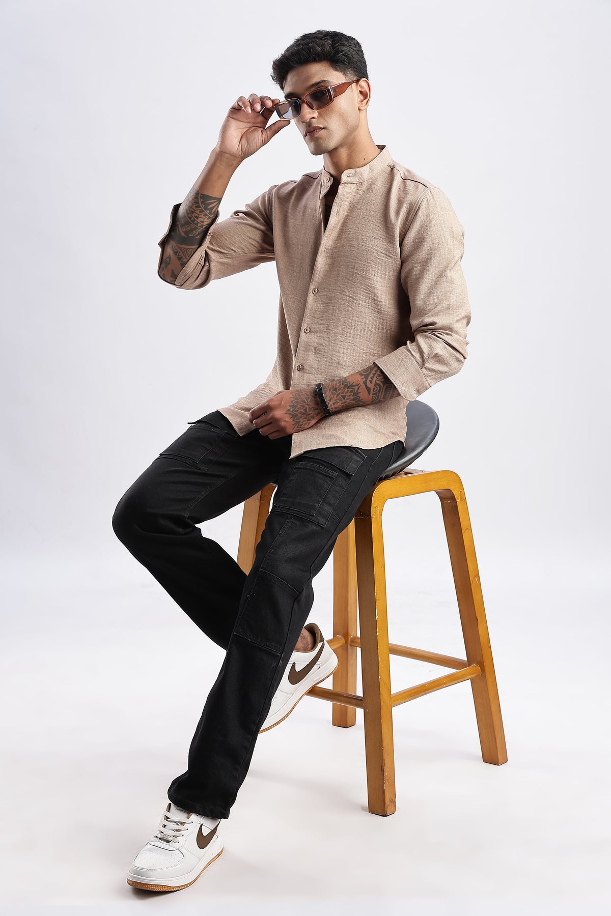 Men Milange Linen Look Shirts Mandarin Collar-Beige