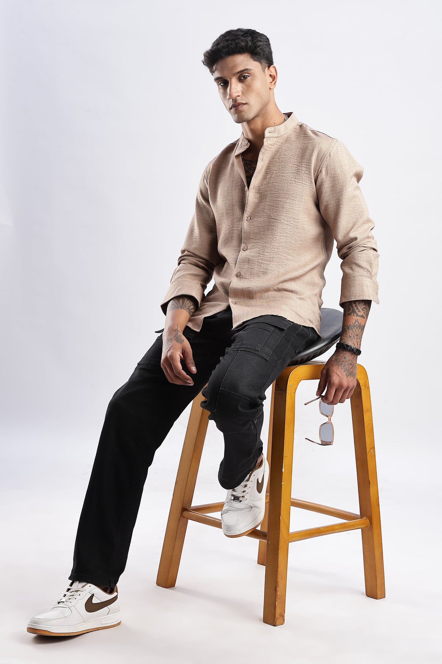 Men Milange Linen Look Shirts Mandarin Collar-Beige