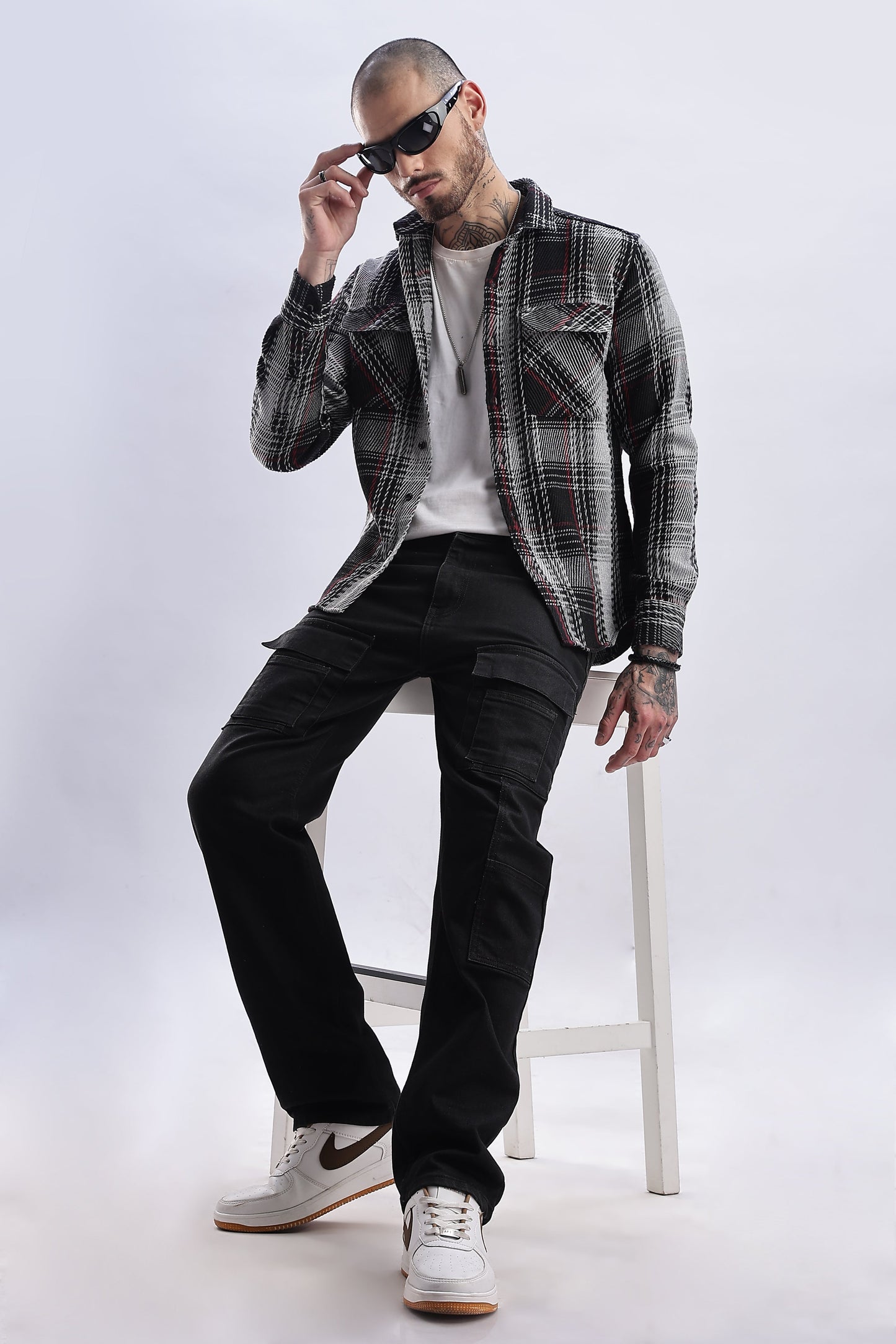 Men Flannel Shirt-White & Green