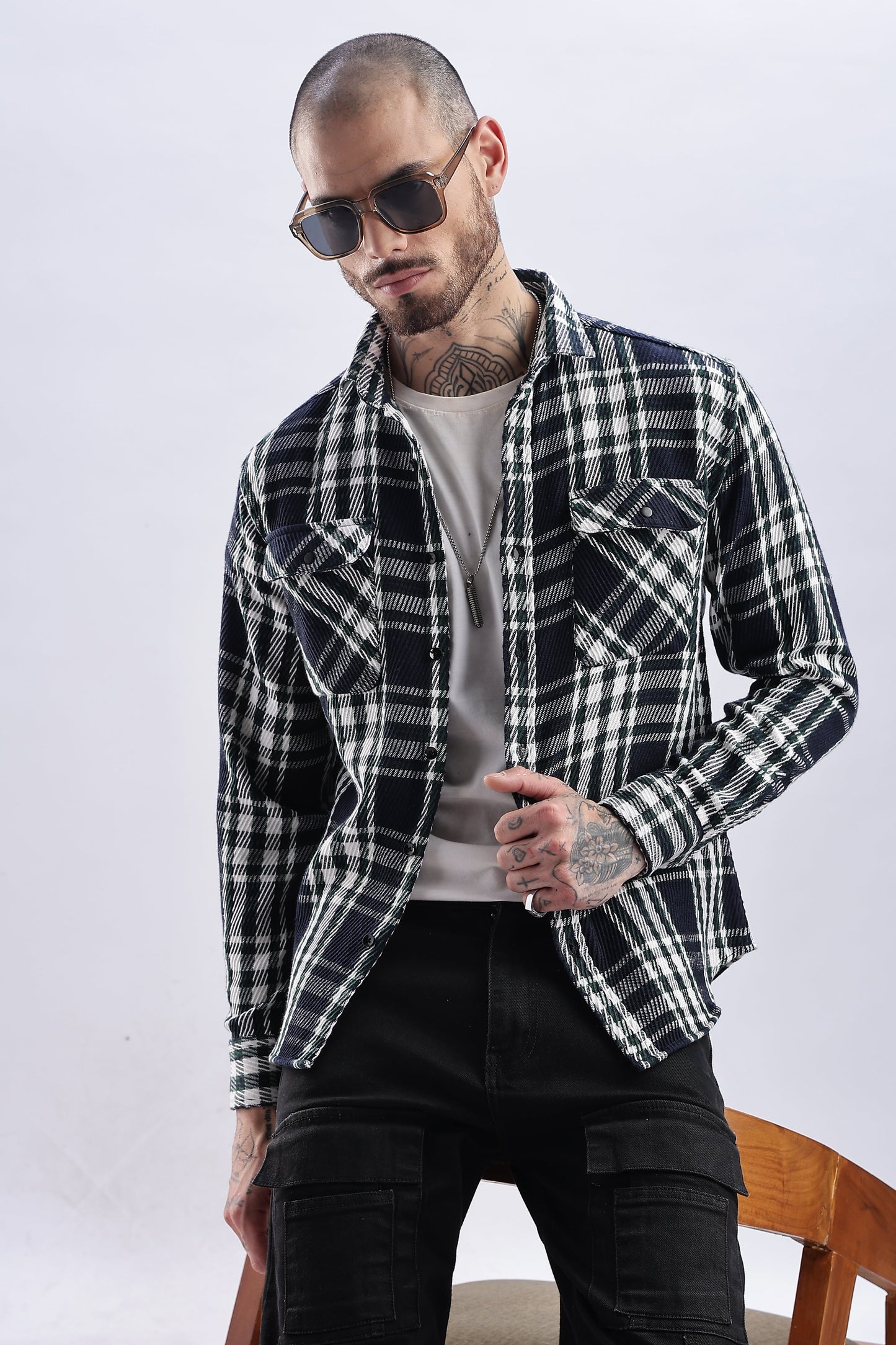 Men Flannel Shirt-White & Green