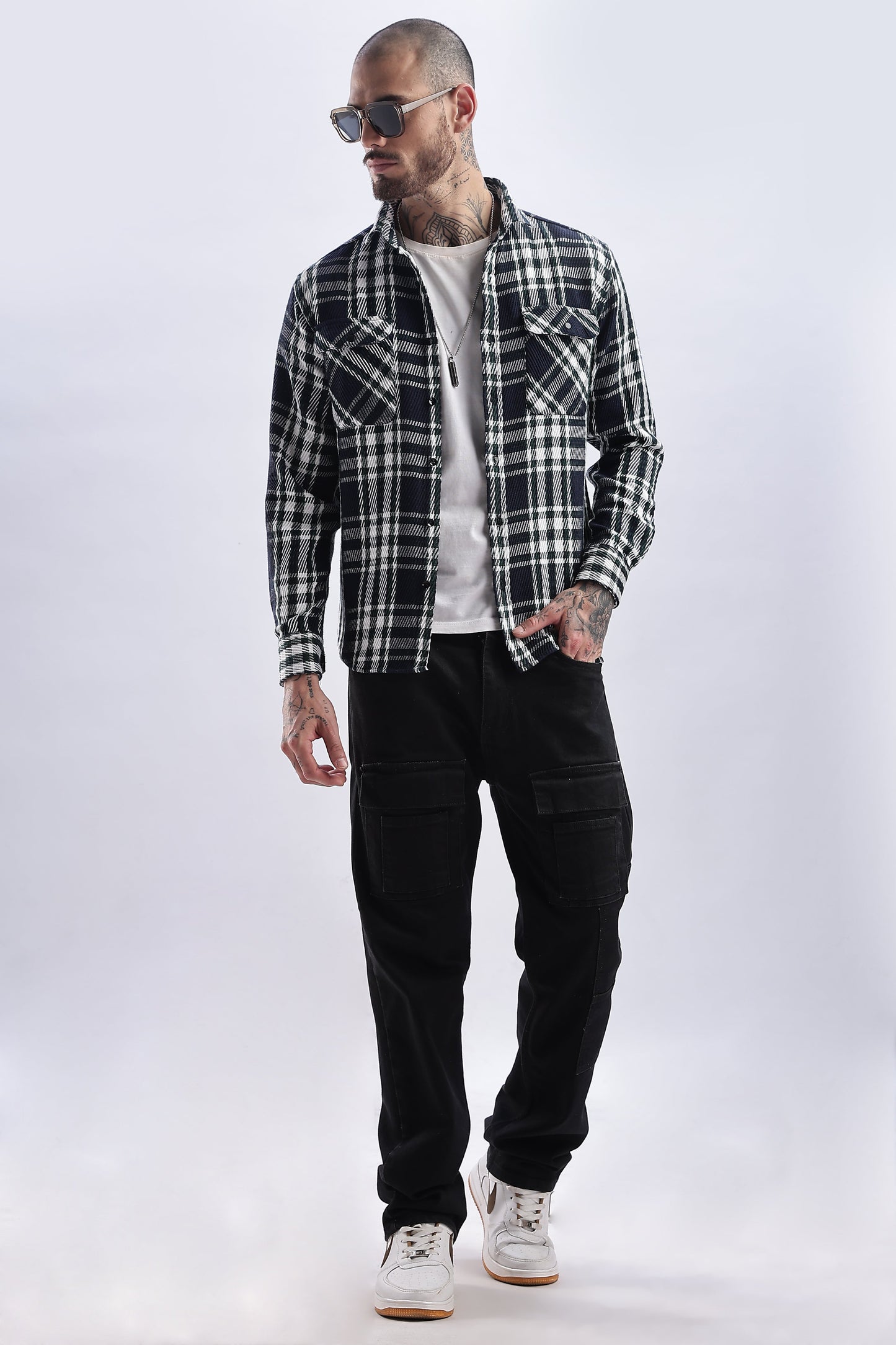 Men Flannel Shirt-White & Green