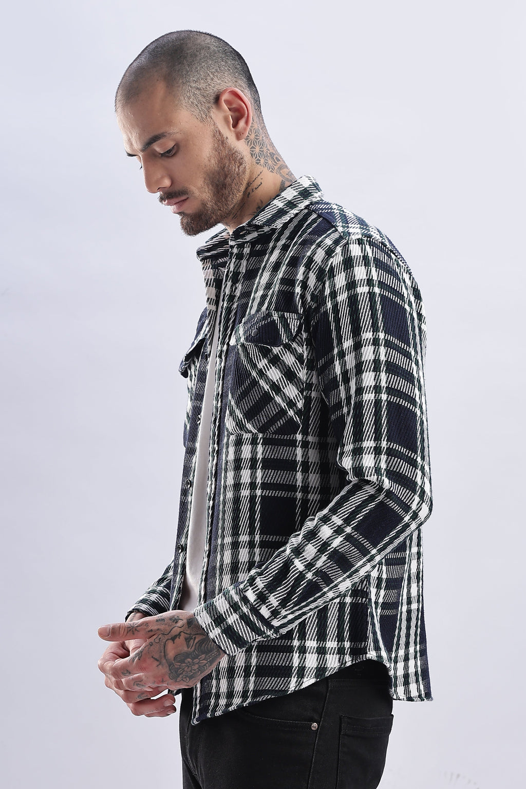Men Flannel Shirt-White & Green