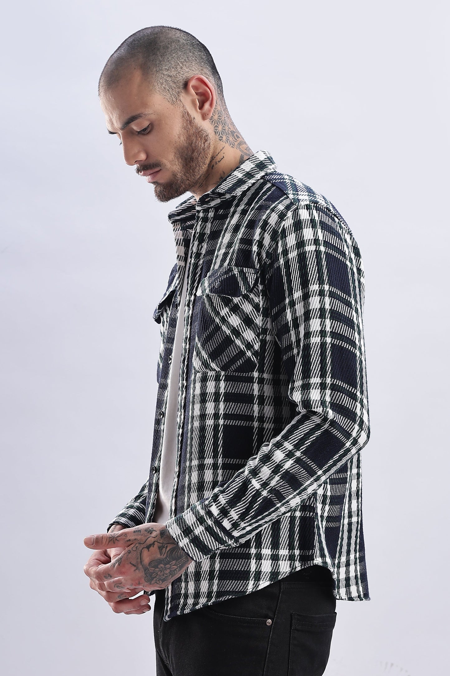Men Flannel Shirt-White & Green