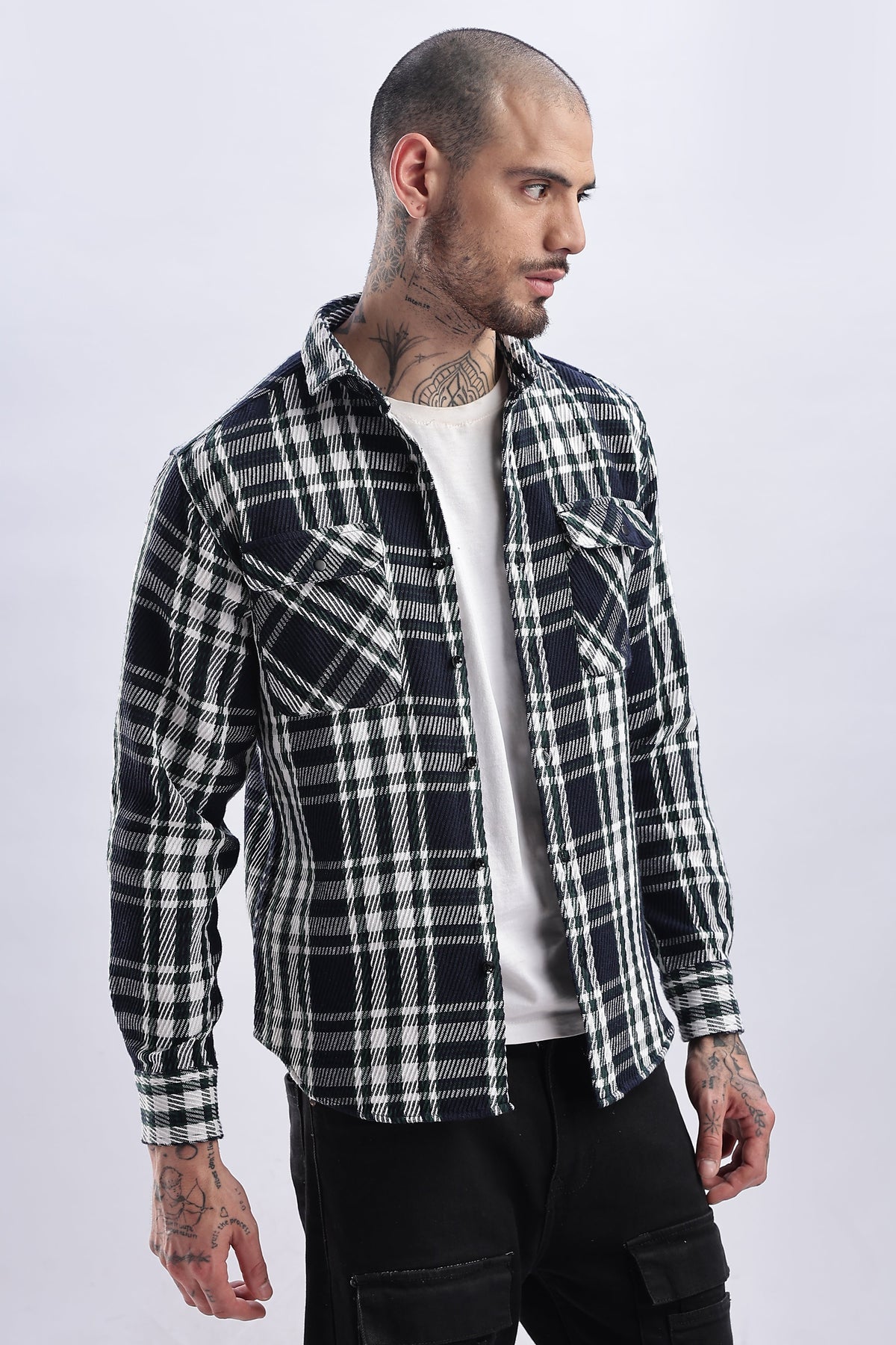 Men Flannel Shirt-White & Green