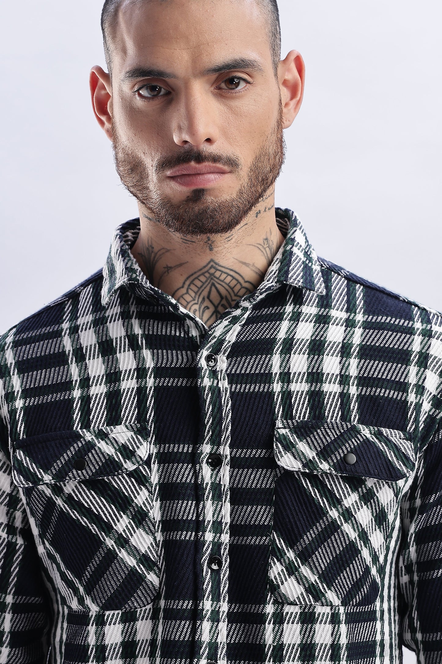 Men Flannel Shirt-White & Green