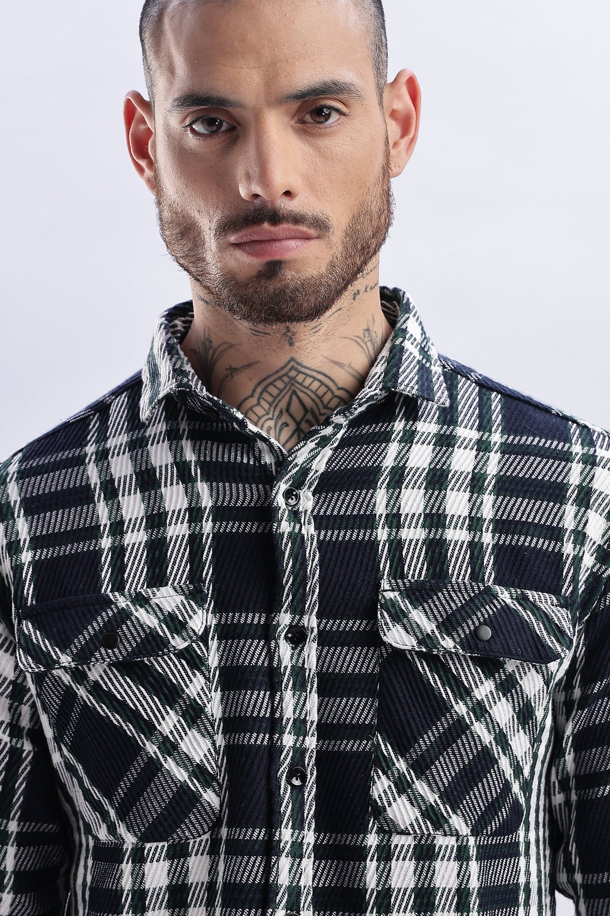 Men Flannel Shirt-White & Green