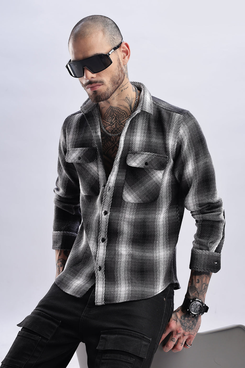 Men Flannel Shirt-Lt Grey