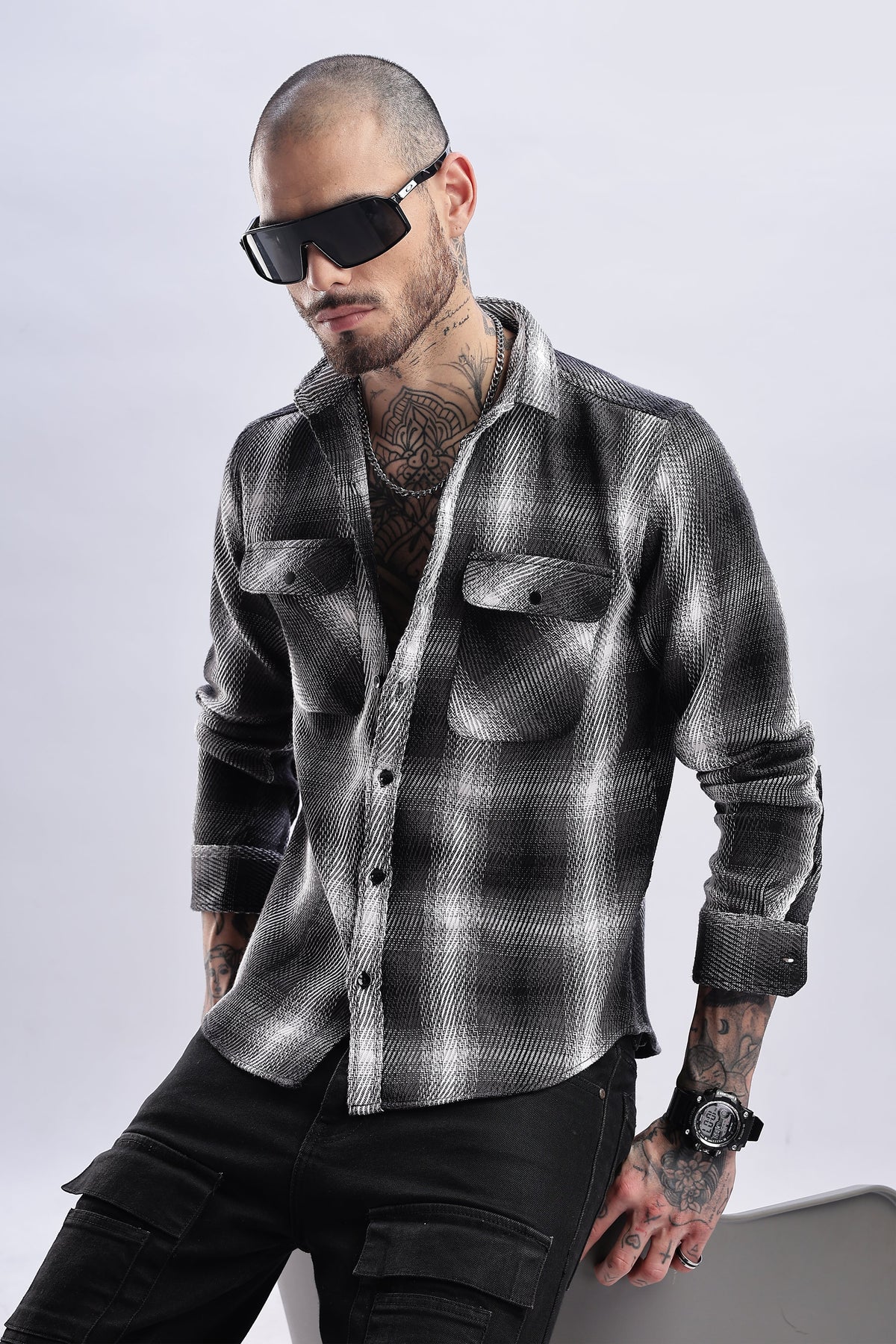 Men Flannel Shirt-Lt Grey