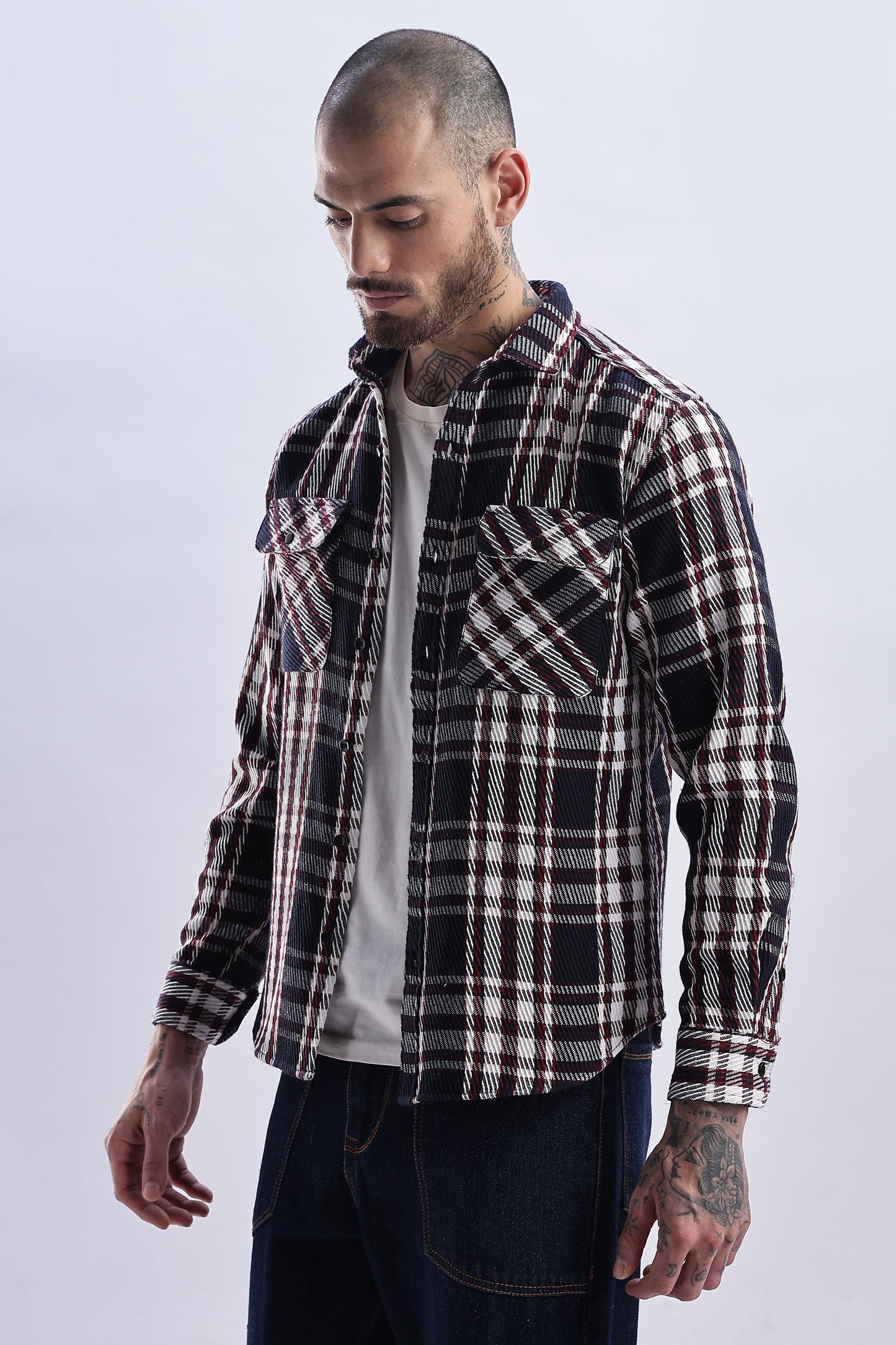 Men Flannel Shirt-White & Red