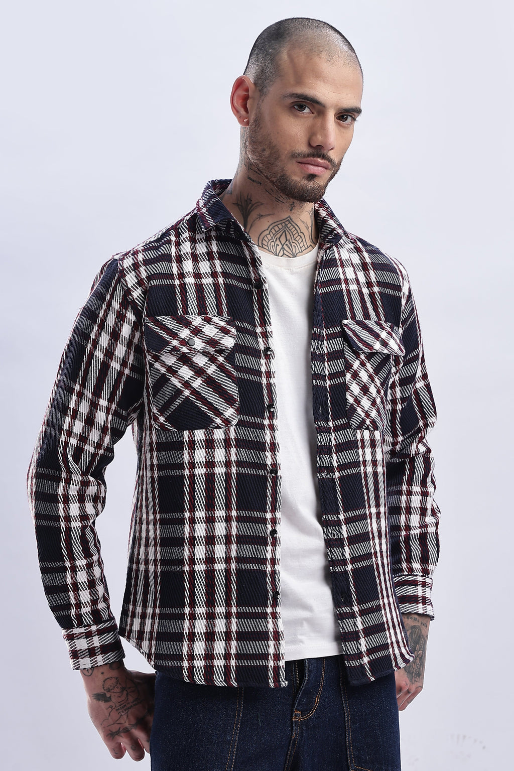 Men Flannel Shirt-White & Red