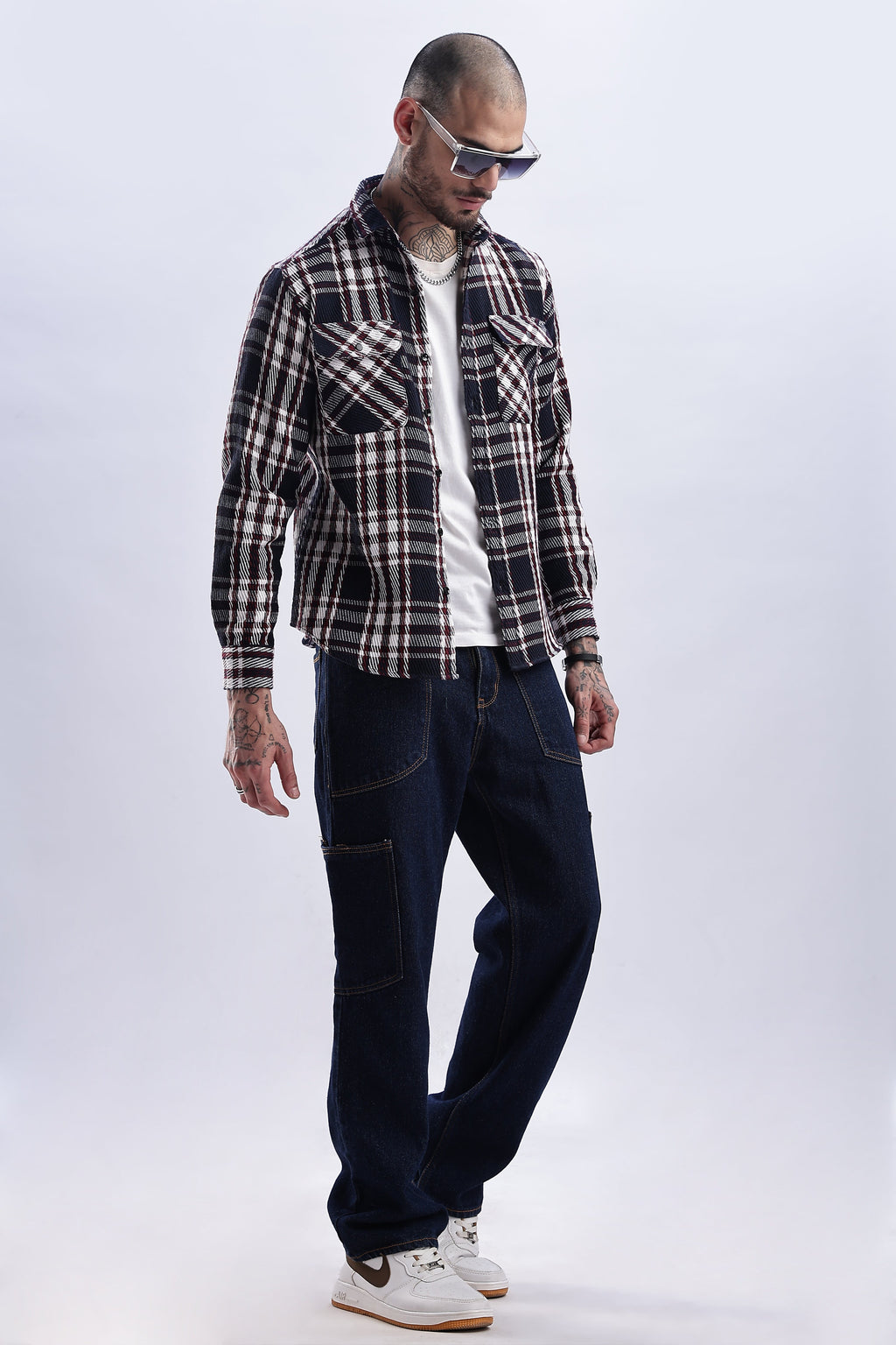 Men Flannel Shirt-White & Red