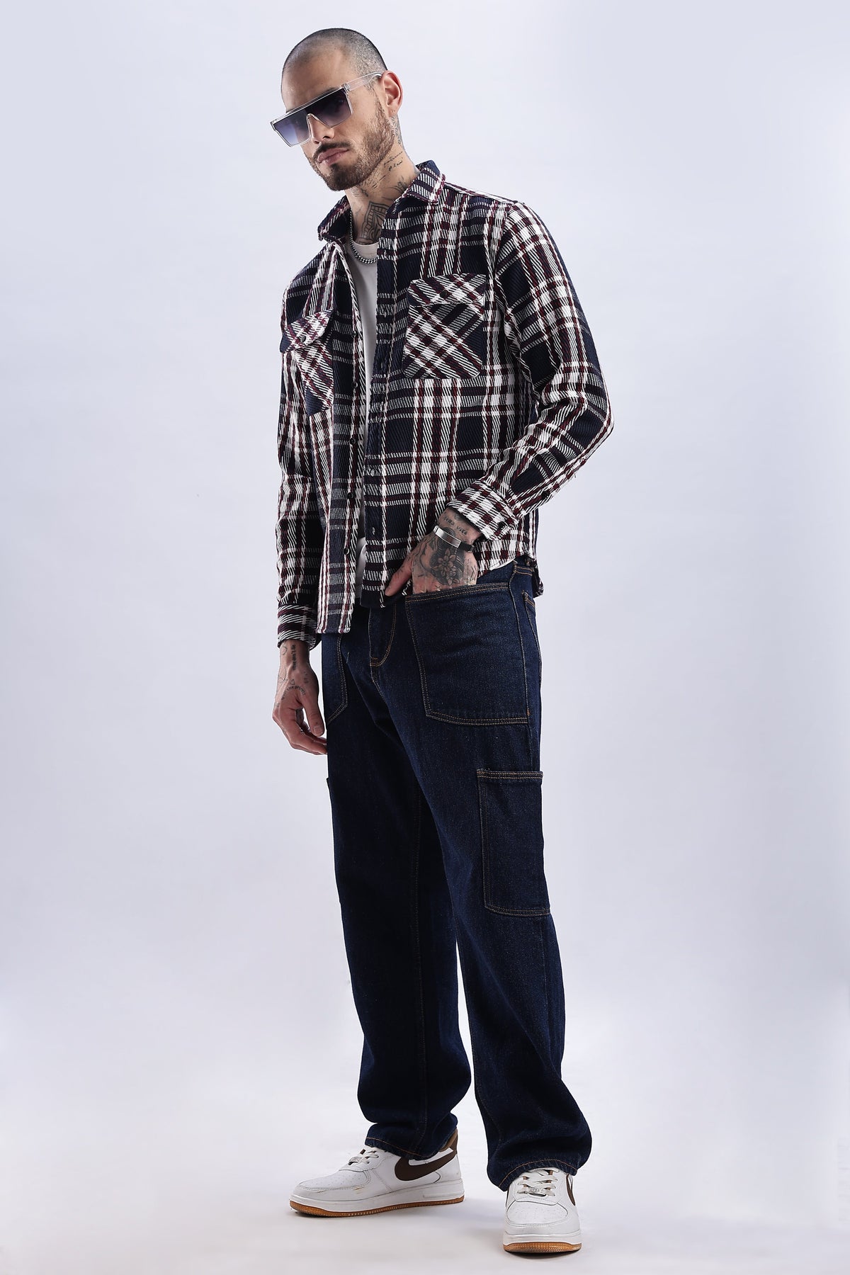 Men Flannel Shirt-White & Red