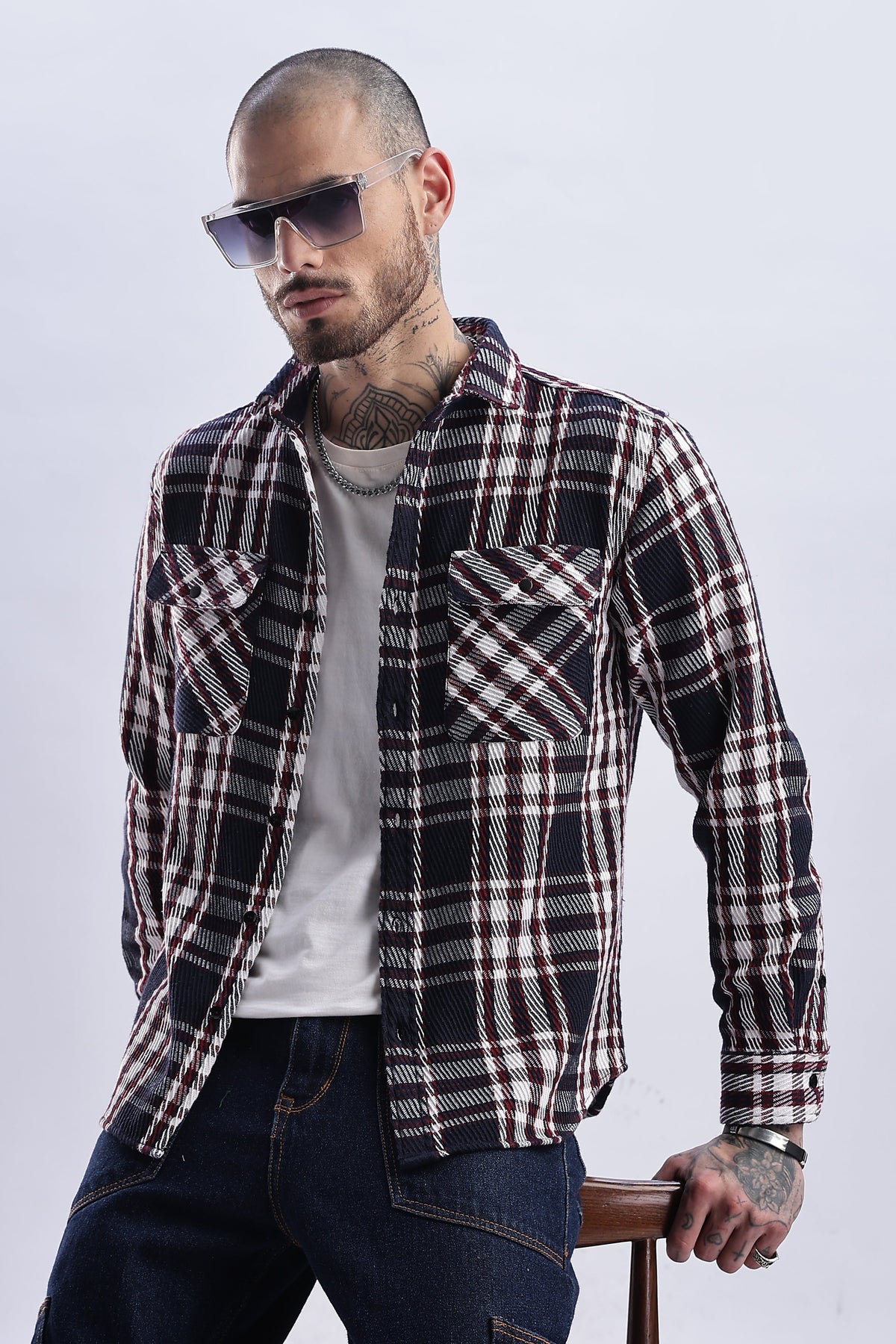 Men Flannel Shirt-White & Red
