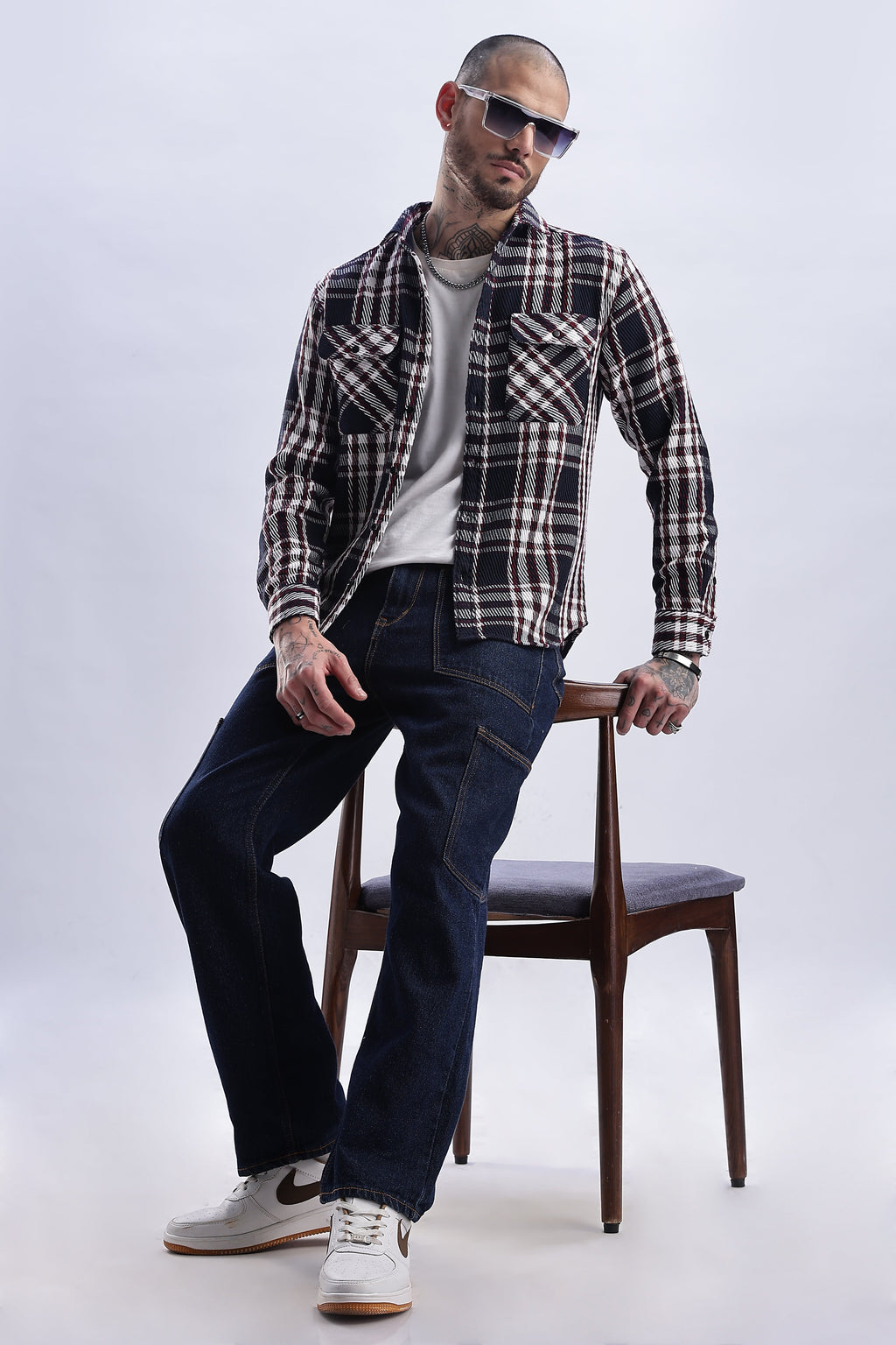Men Flannel Shirt-White & Red