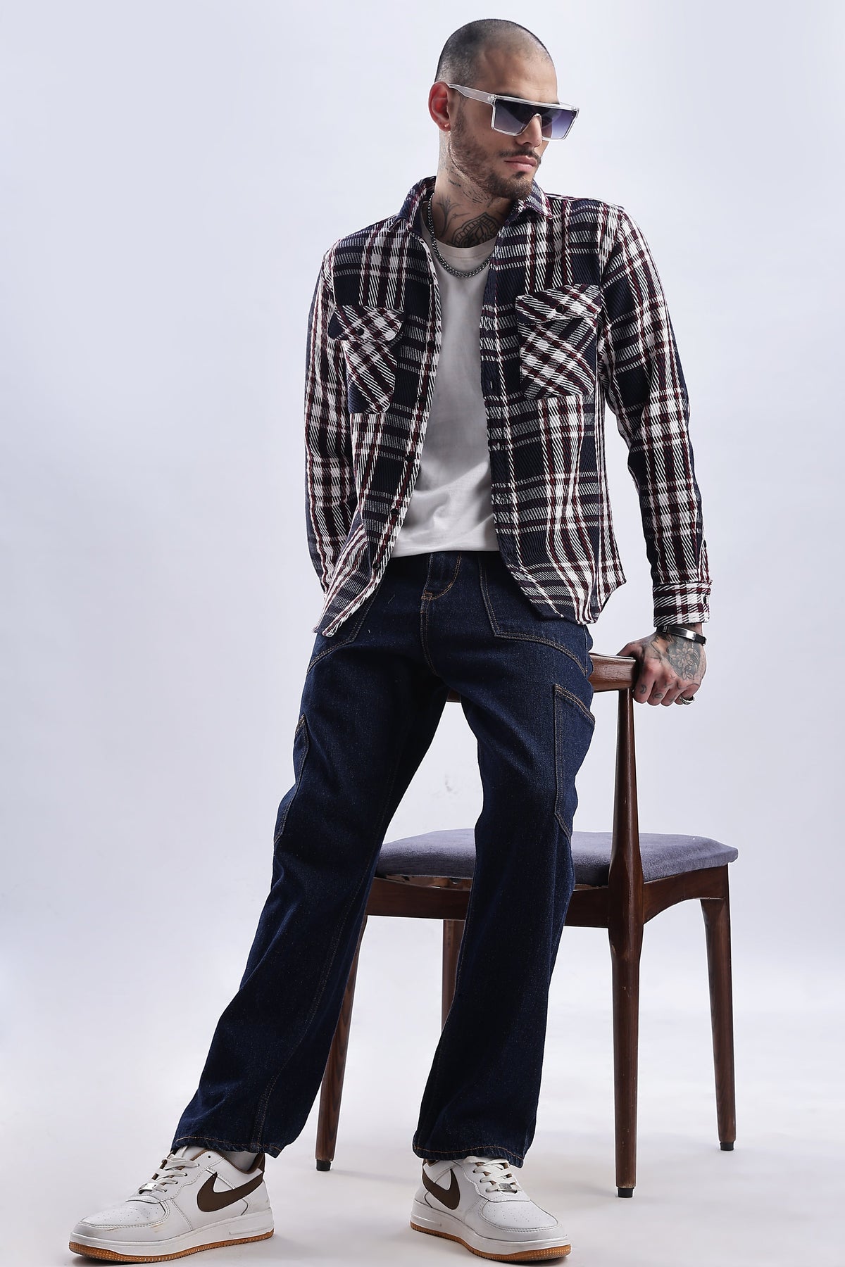 Men Flannel Shirt-White & Red