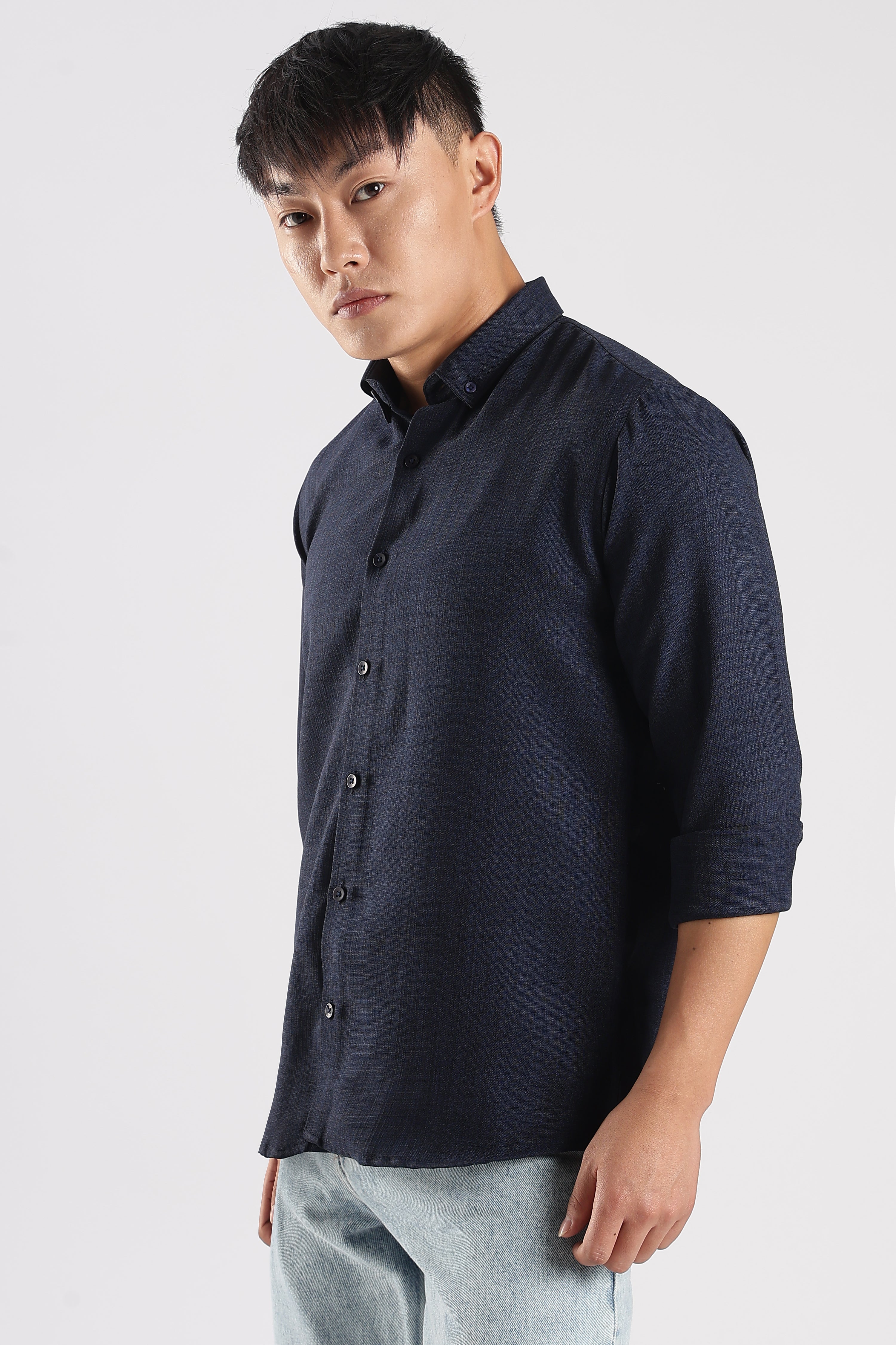 Men Linen Mix Shirts-Navy