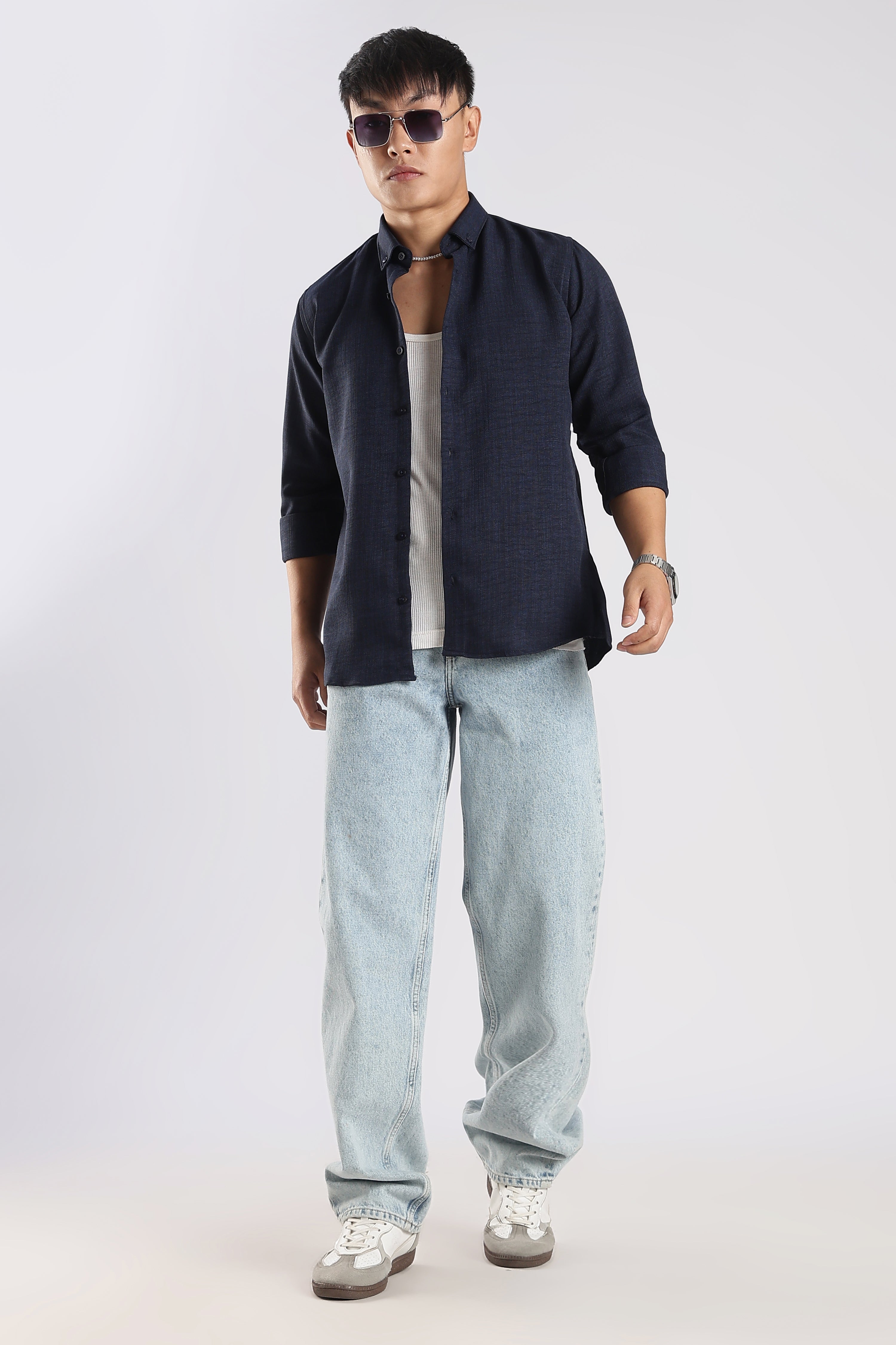 Men Linen Mix Shirts-Navy