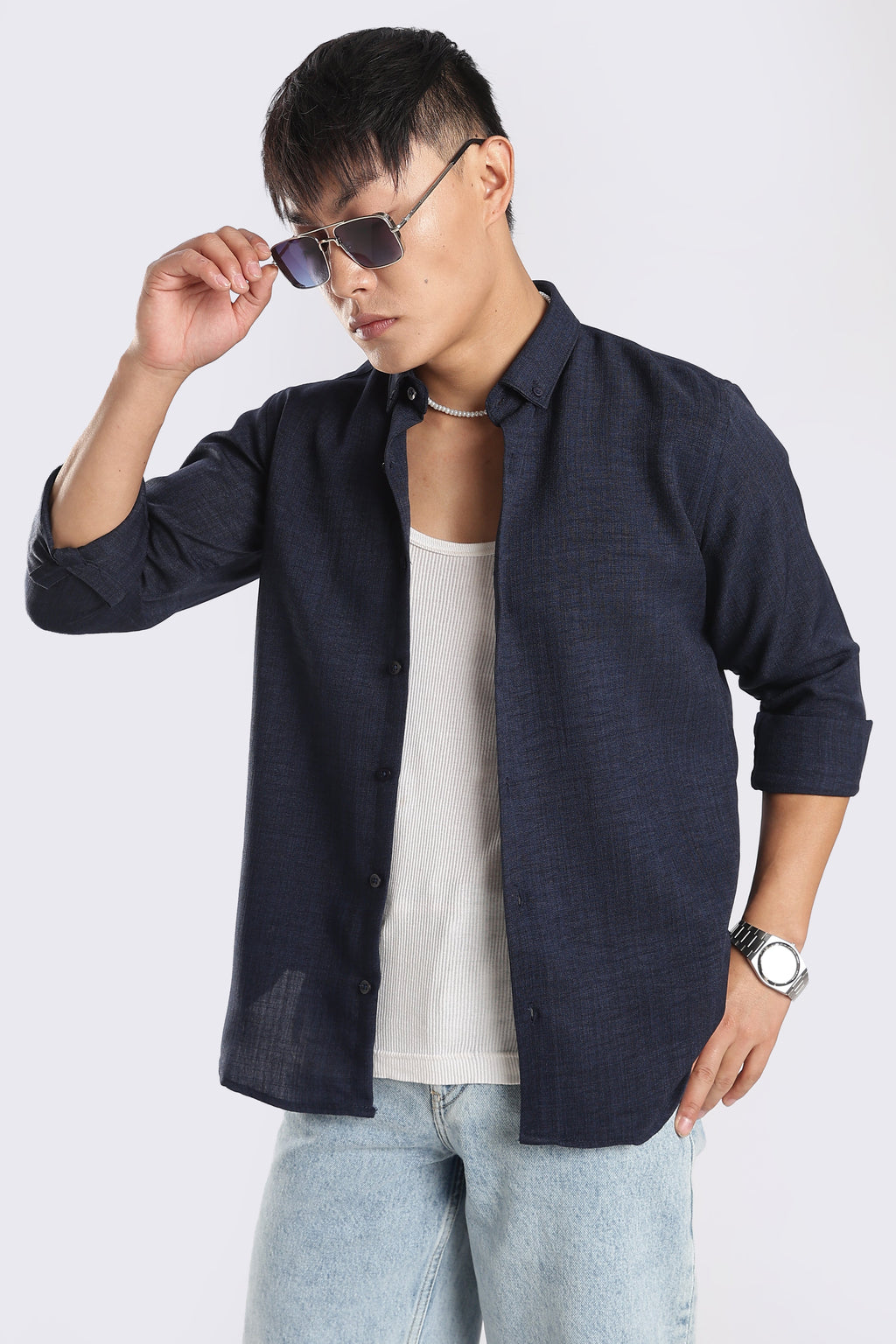 Men Linen Mix Shirts-Navy