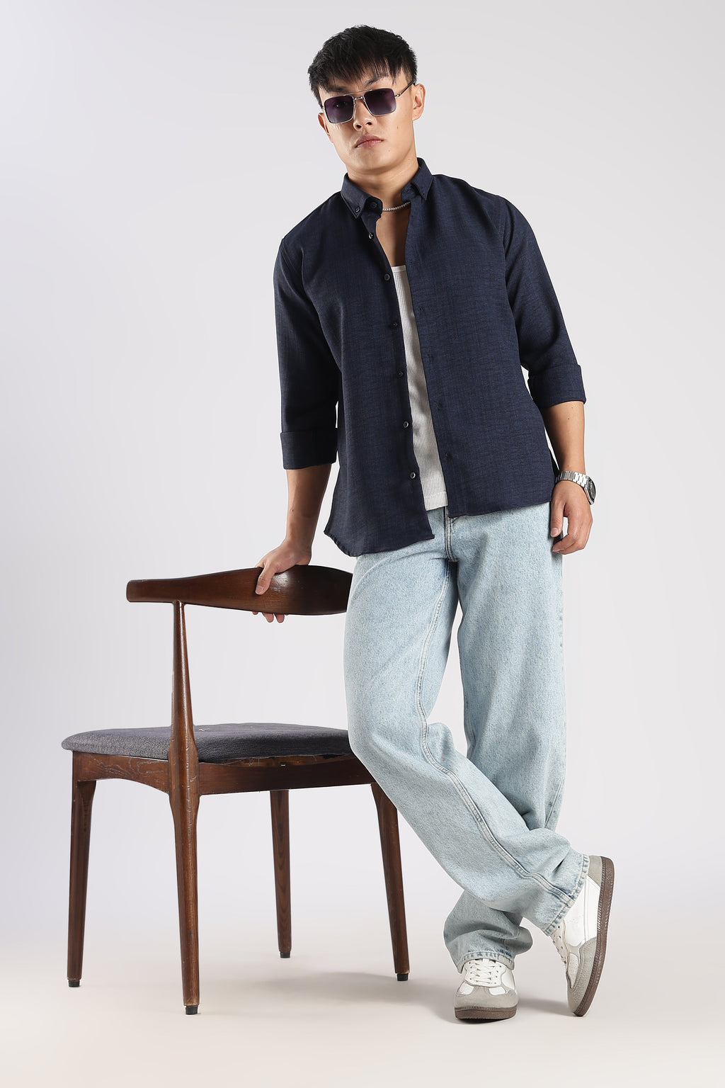 Men Linen Mix Shirts-Navy