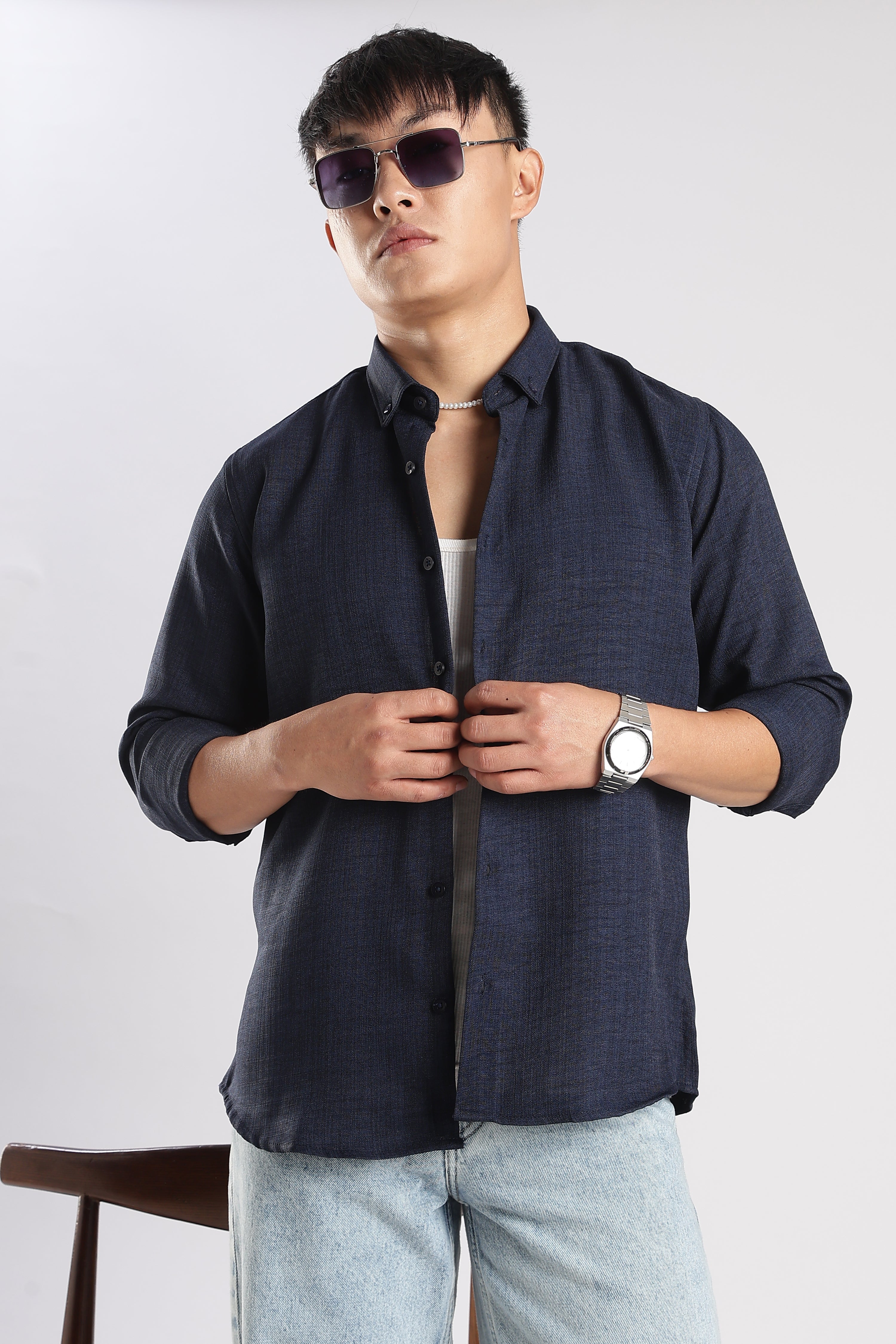 Men Linen Mix Shirts-Navy